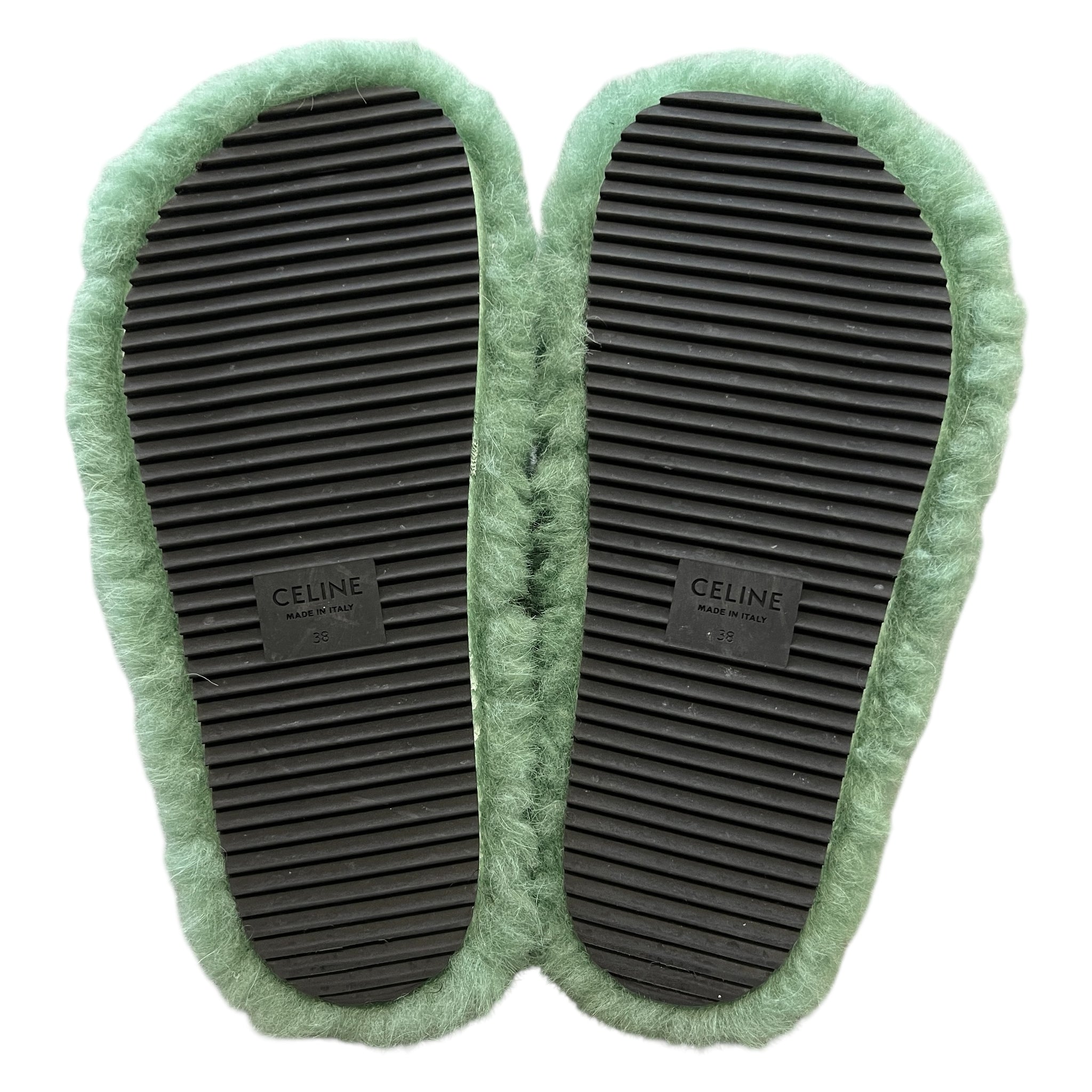 CELINE 2021SS Look7 Fur Slide Triumph Open Slide Boa Sandals Green
