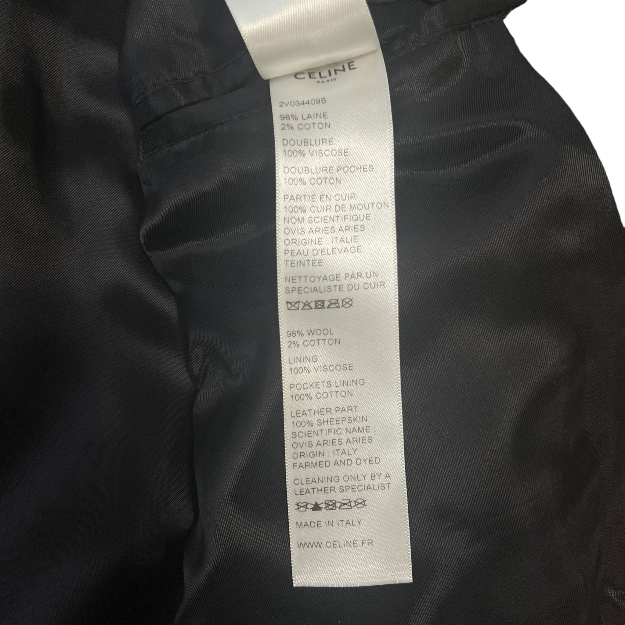 CELINE × HEDI SLIMANE 2021AW TEDDY BLACK LEATHER SLEEVE MELTON BODY VARSITY JACKET