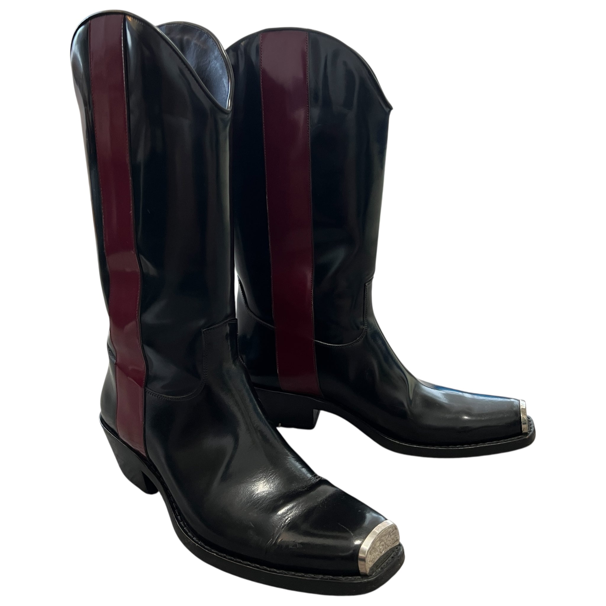 CALVIN KLEIN 2017 Fall Winter RAF SIMONS One Striped Metal Toe Western Cowboy Leather Boots