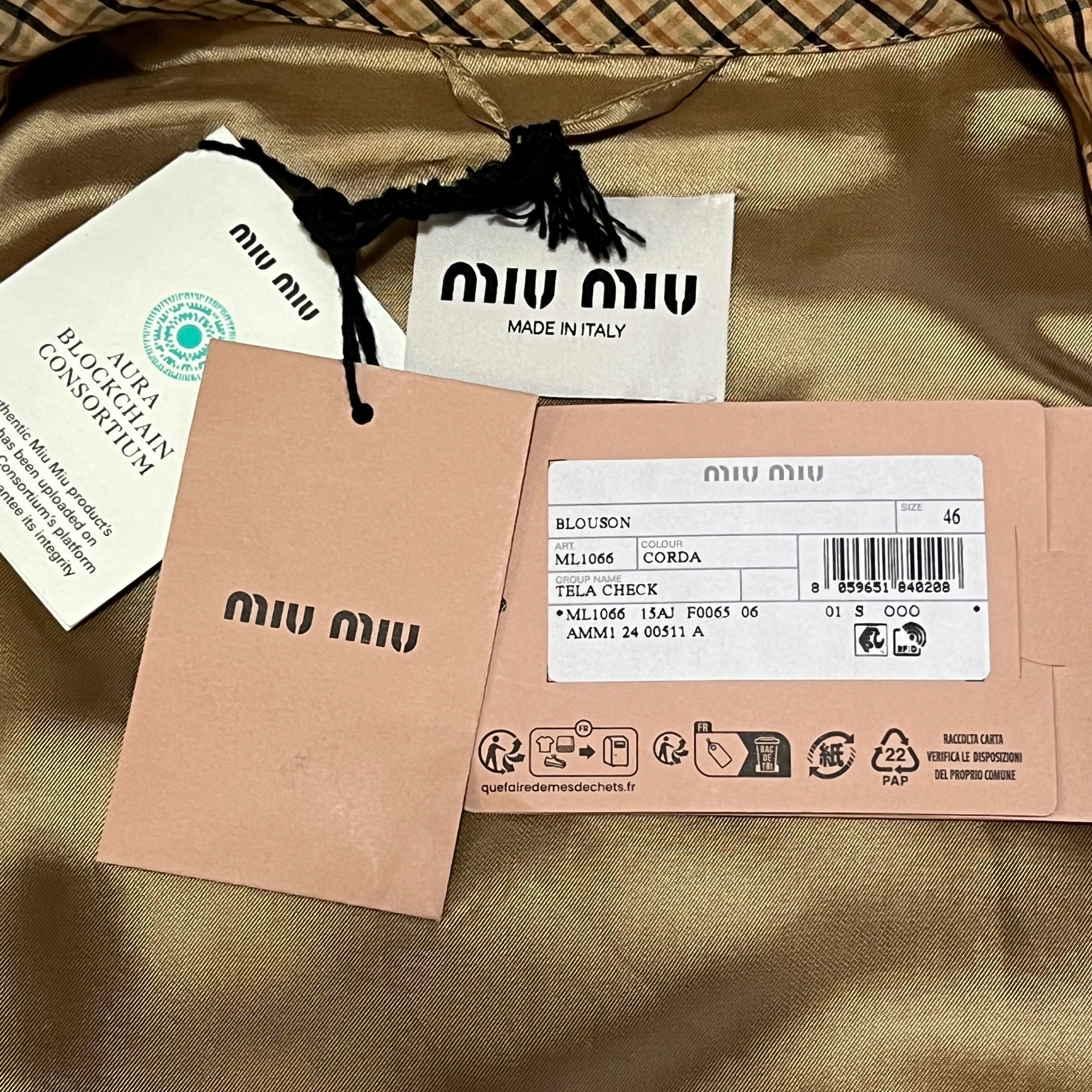 MIU MIU 2025ss Cord Checked Canvas Blouson Jacket