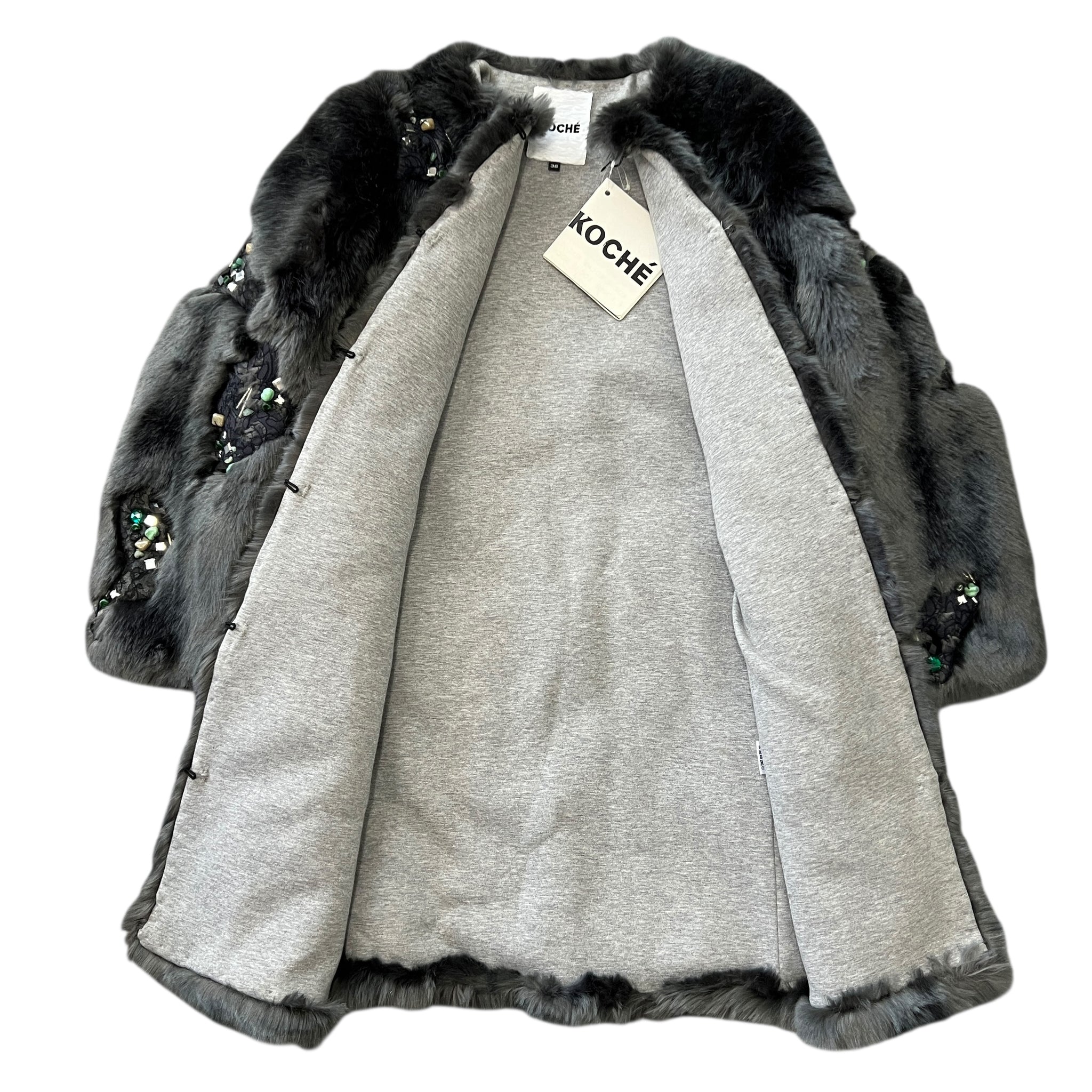 KOCHE 2016-17 Autumn Winter Embellished Faux Fur Coat with Lace & Beads