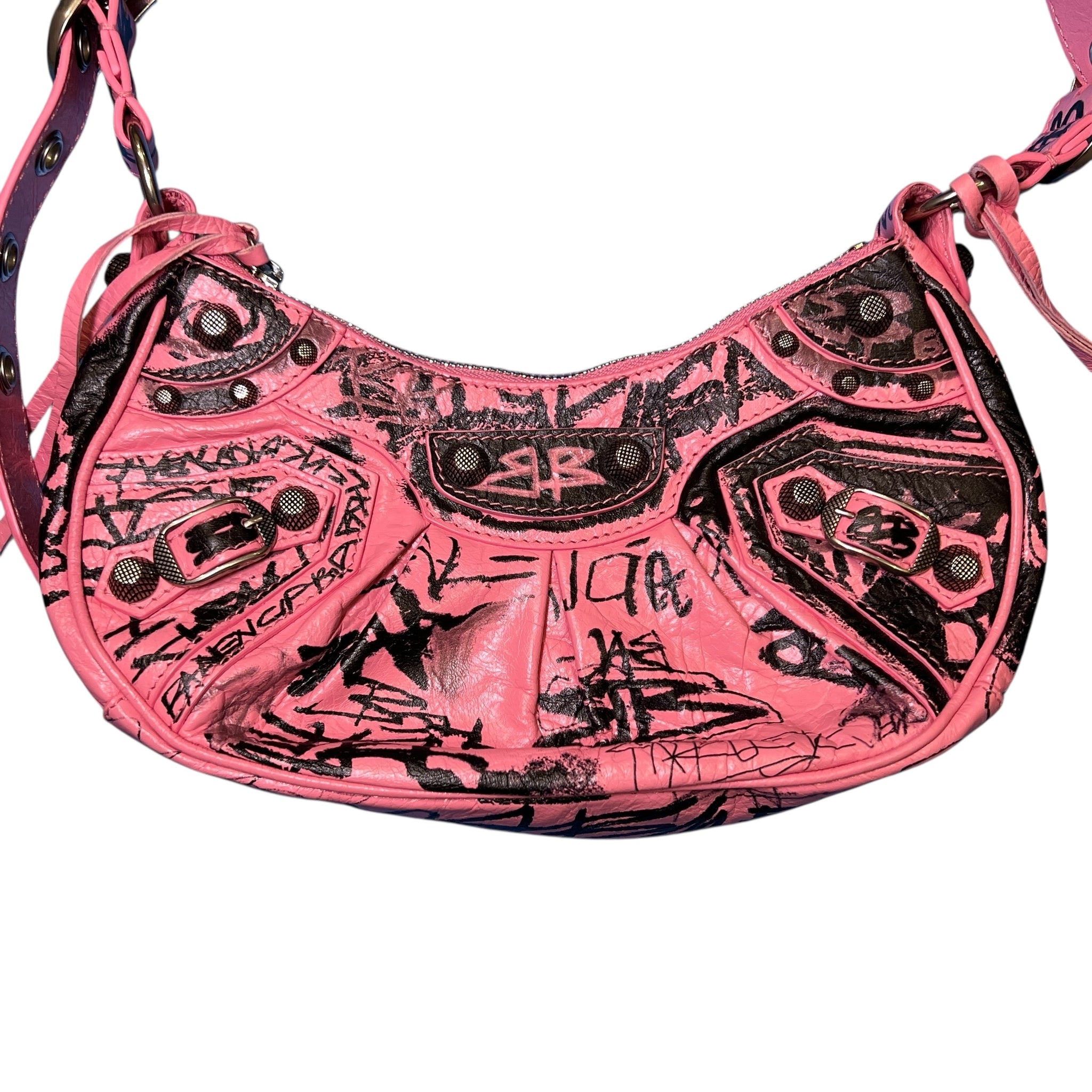 BALENCIAGA 2023SS Le Cagole XS Graffiti On Arena Lamb Shoulder Bag Sweet Pink