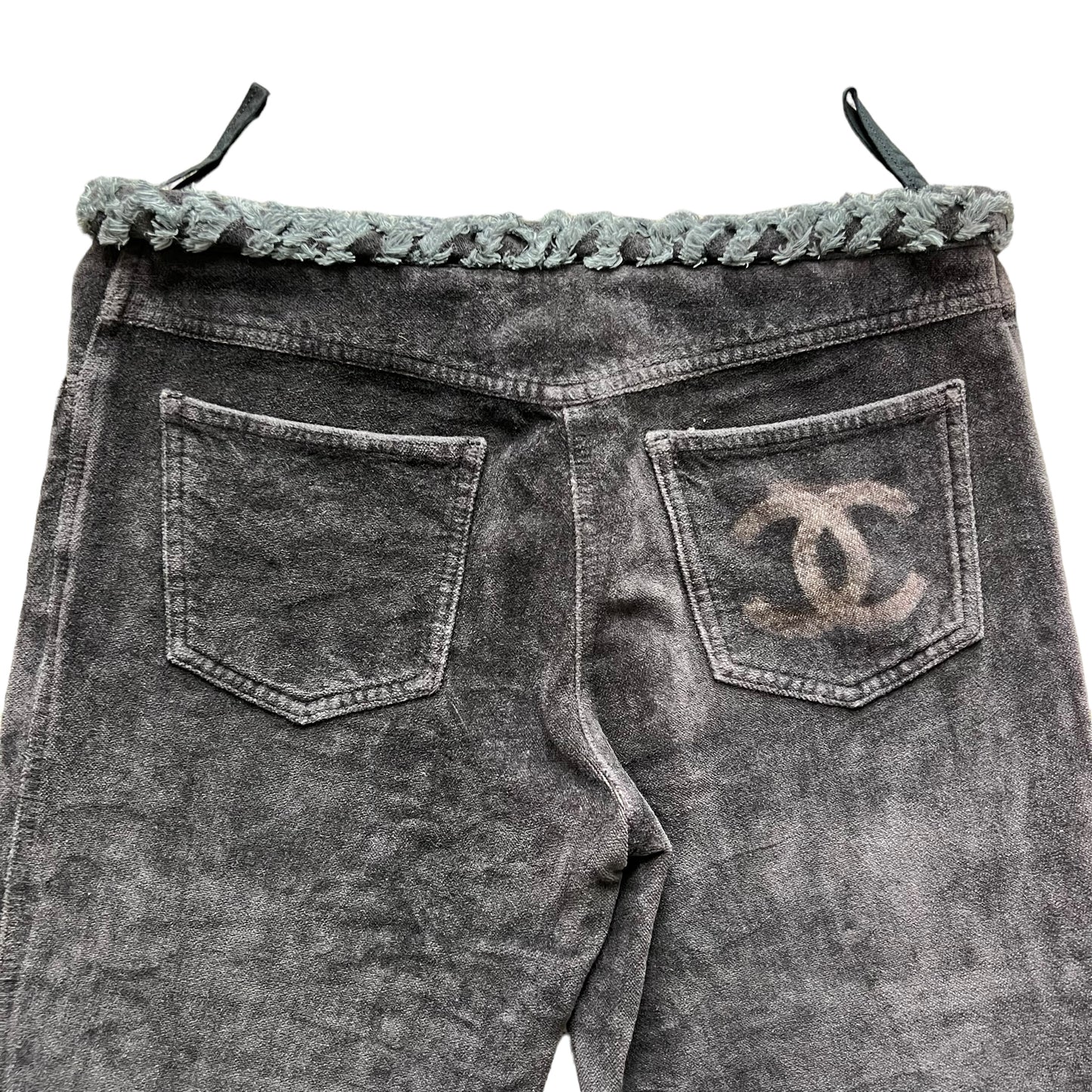 CHANEL COCO MARK VELOUR TWEED BELT PANTS