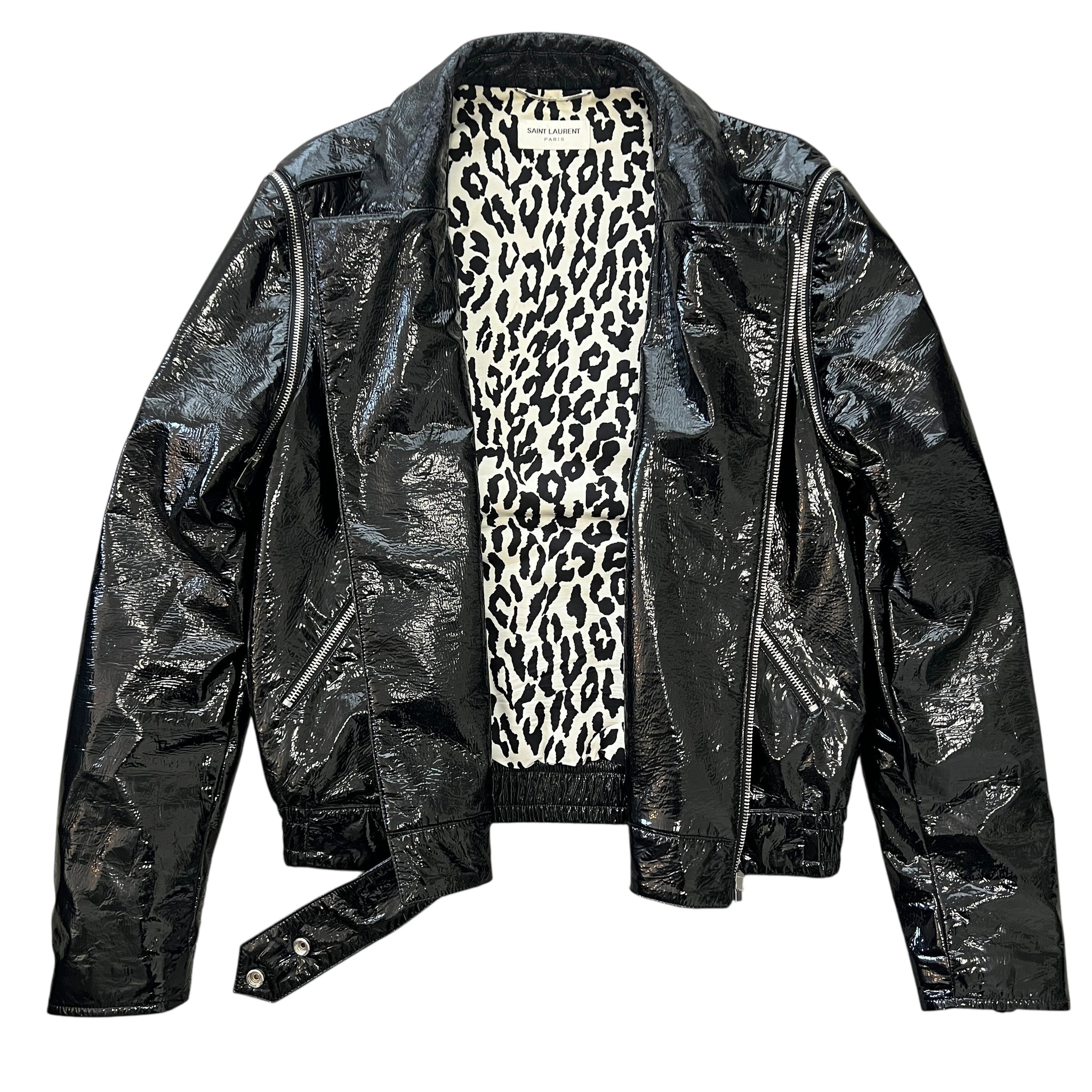 SAINT LAURENT HEDI SLIMANE 2015AW Leopard Patents Leather 2way Docking Double Riders Jacket