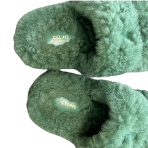 CELINE 2021SS Look7 Fur Slide Triumph Open Slide Boa Sandals Green