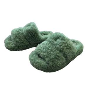 CELINE 2021SS Look7 Fur Slide Triumph Open Slide Boa Sandals Green