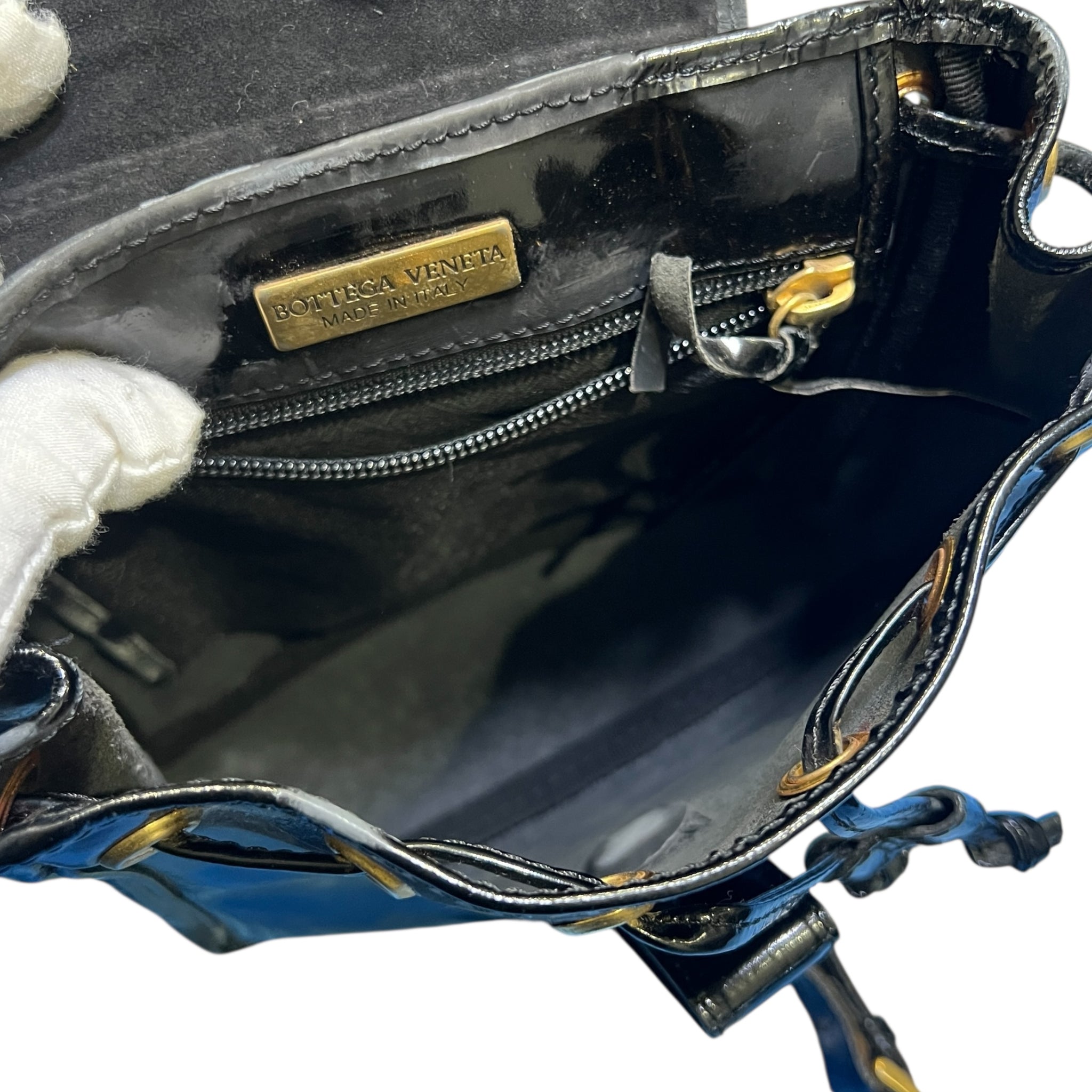 BOTTEGA VENETA Intrecciato Black Patent Leather Mini Backpack