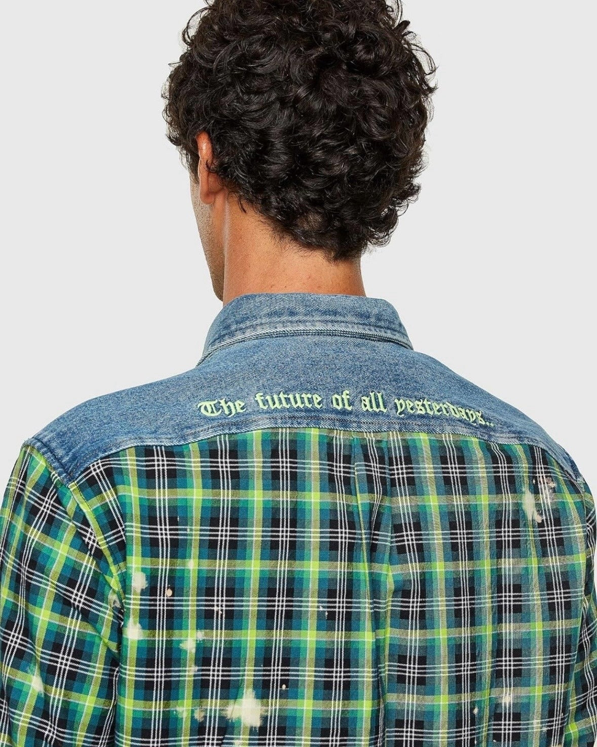 DIESEL Men's S-MOON-CHECK Embroidery & Treated Combination Shirt