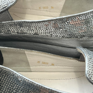 PRADA SPORT “PAILLETTES ALLUMINIO” Silver Sequin Slip-On Loafers (Linea Rossa)