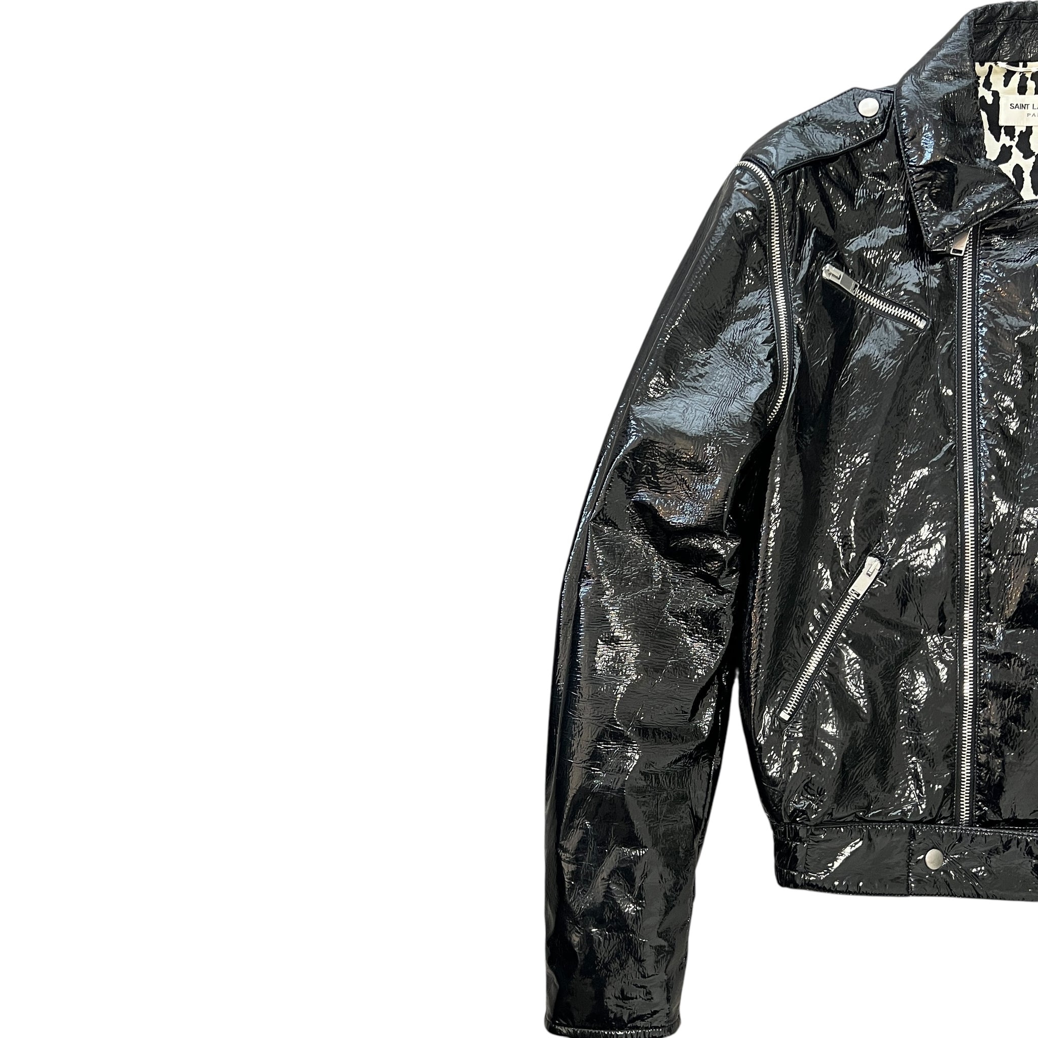 SAINT LAURENT HEDI SLIMANE 2015AW Leopard Patents Leather 2way Docking Double Riders Jacket