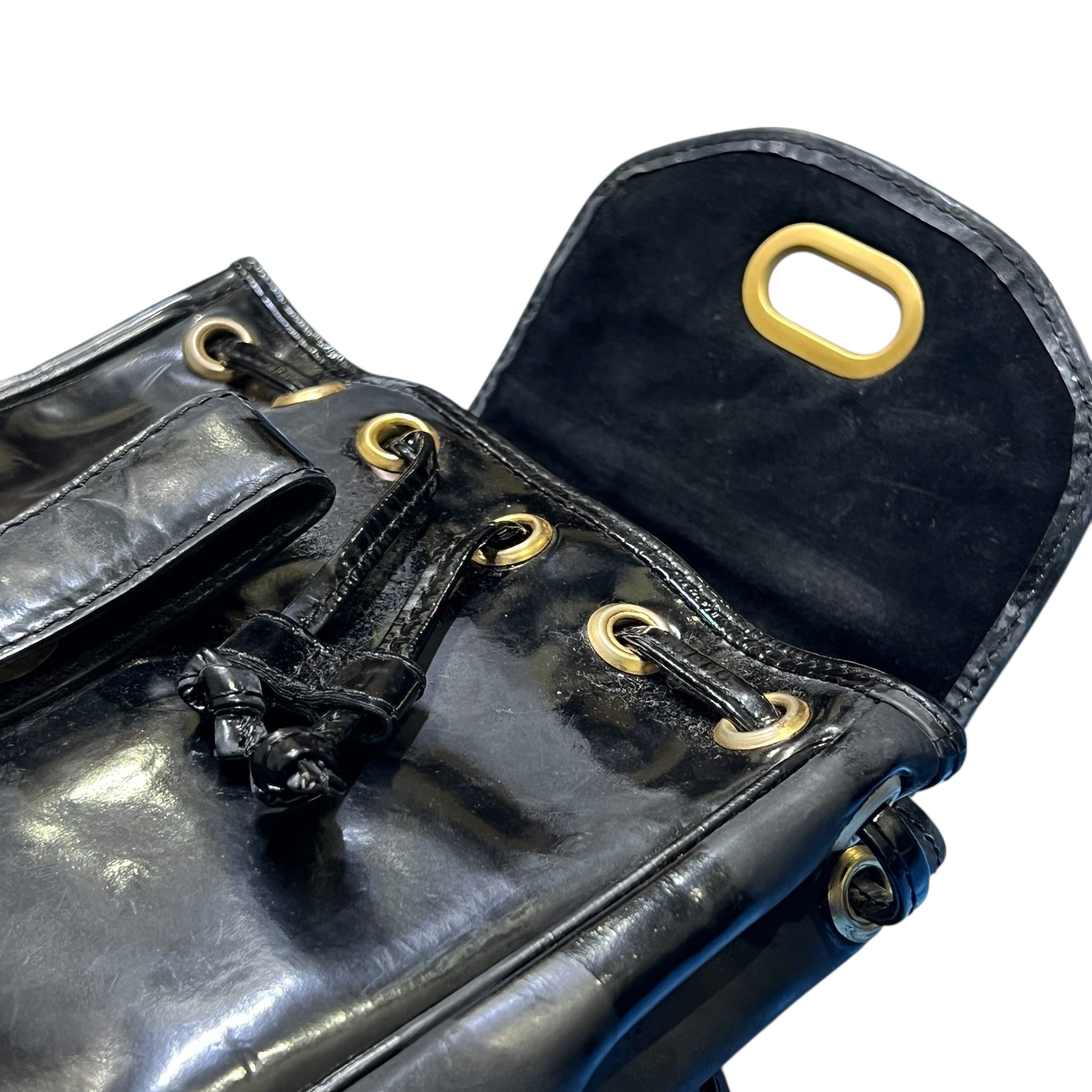 BOTTEGA VENETA Intrecciato Black Patent Leather Mini Backpack