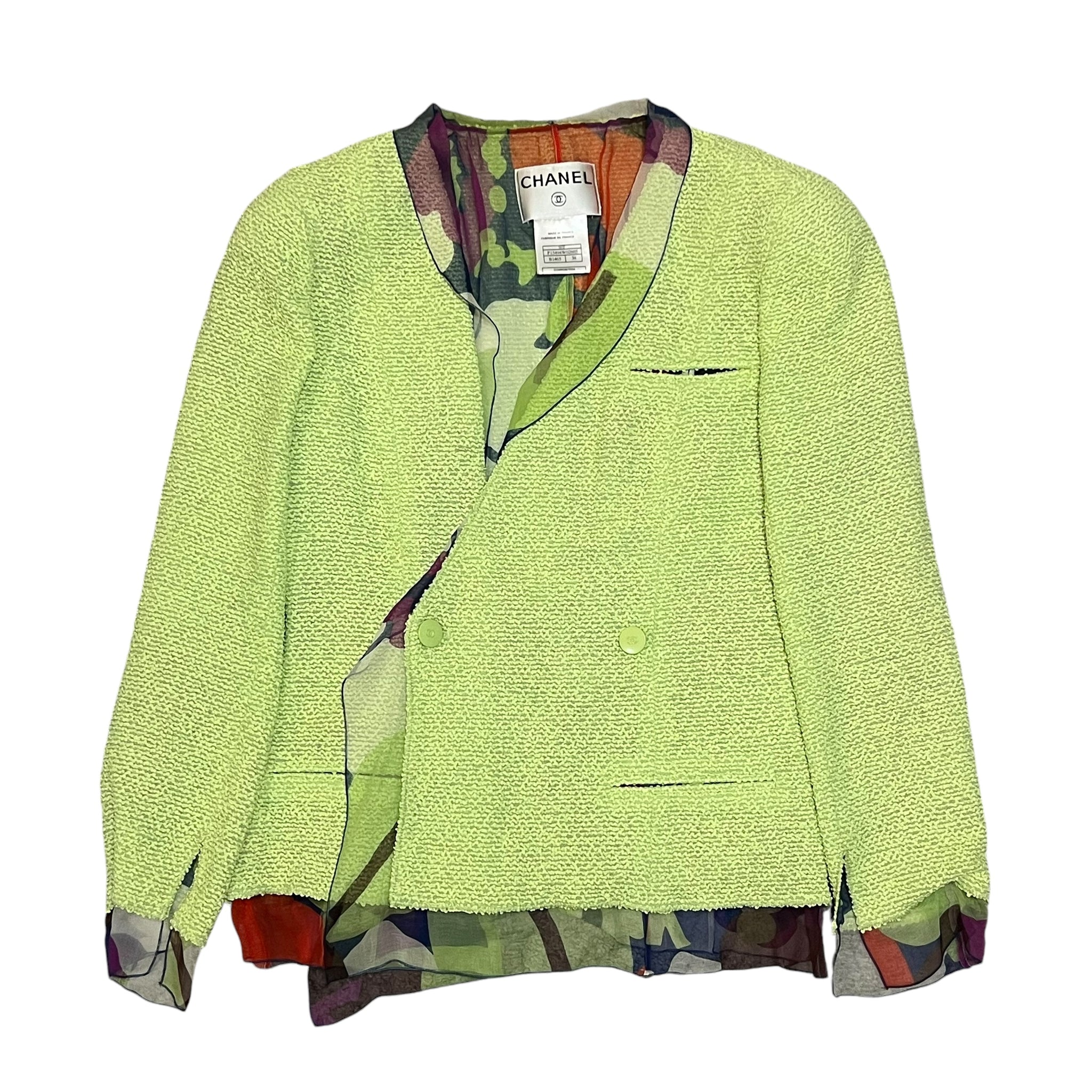CHANEL 2000s 3pieces set Tweed Green double-buttoned skirt-surit jacket, Chanel printed skirt, and pinted top