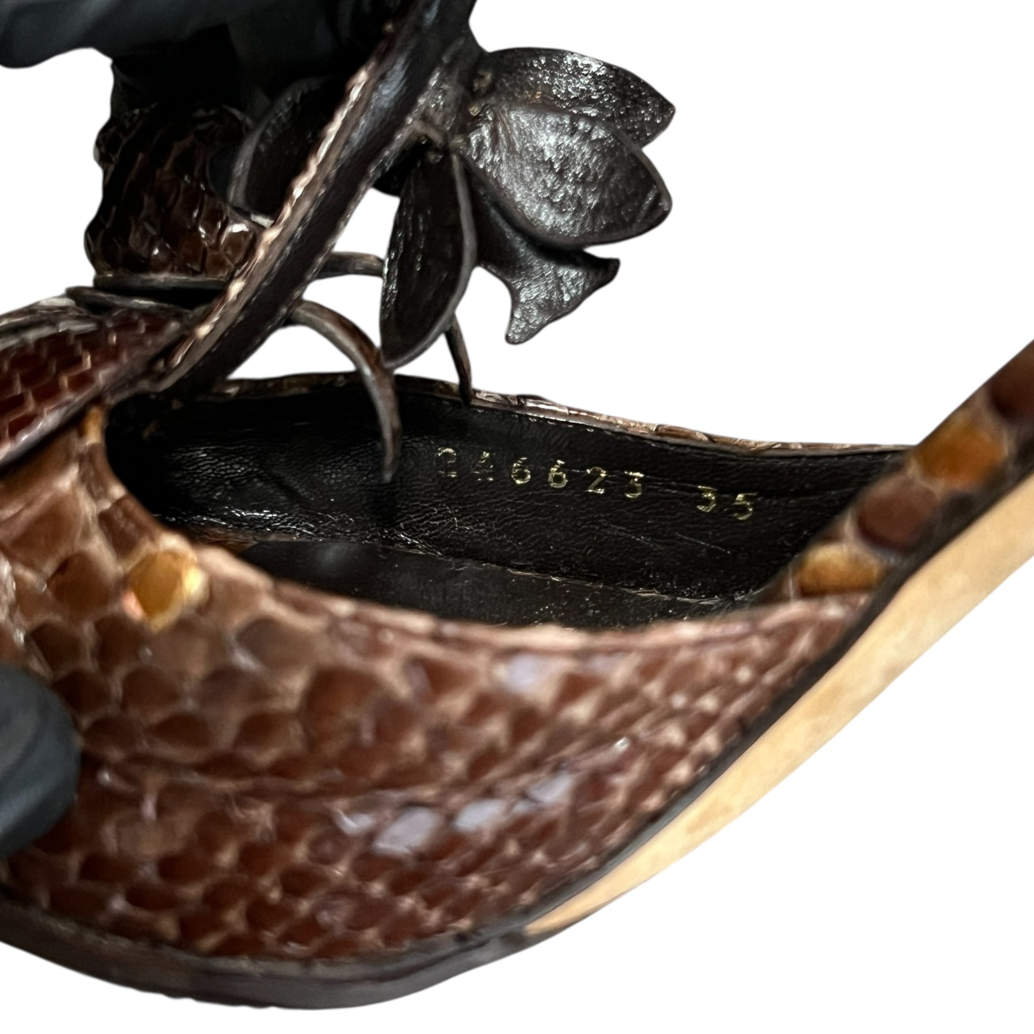GUCCI Brown Python Flowei Motif Open-Toe  High Heel