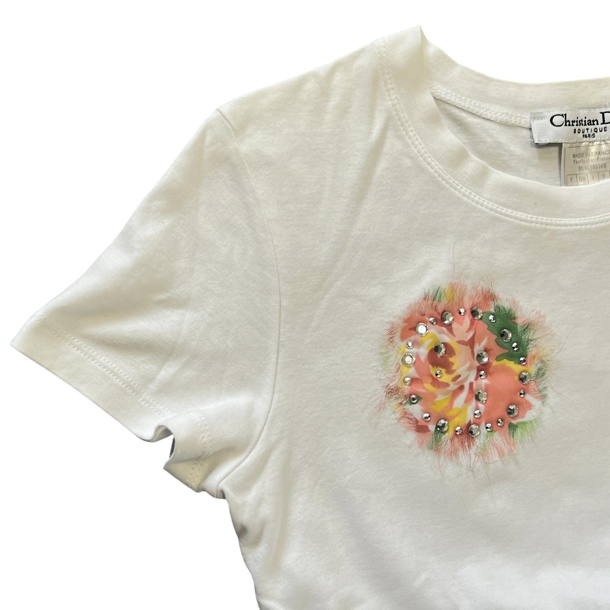 Christian Dior × John Galliano 2005SS Floral Embellished Rhinestone T-Shirt White