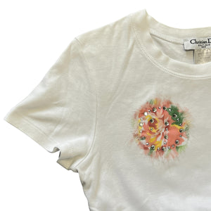 Christian Dior × John Galliano 2005SS Floral Embellished Rhinestone T-Shirt White