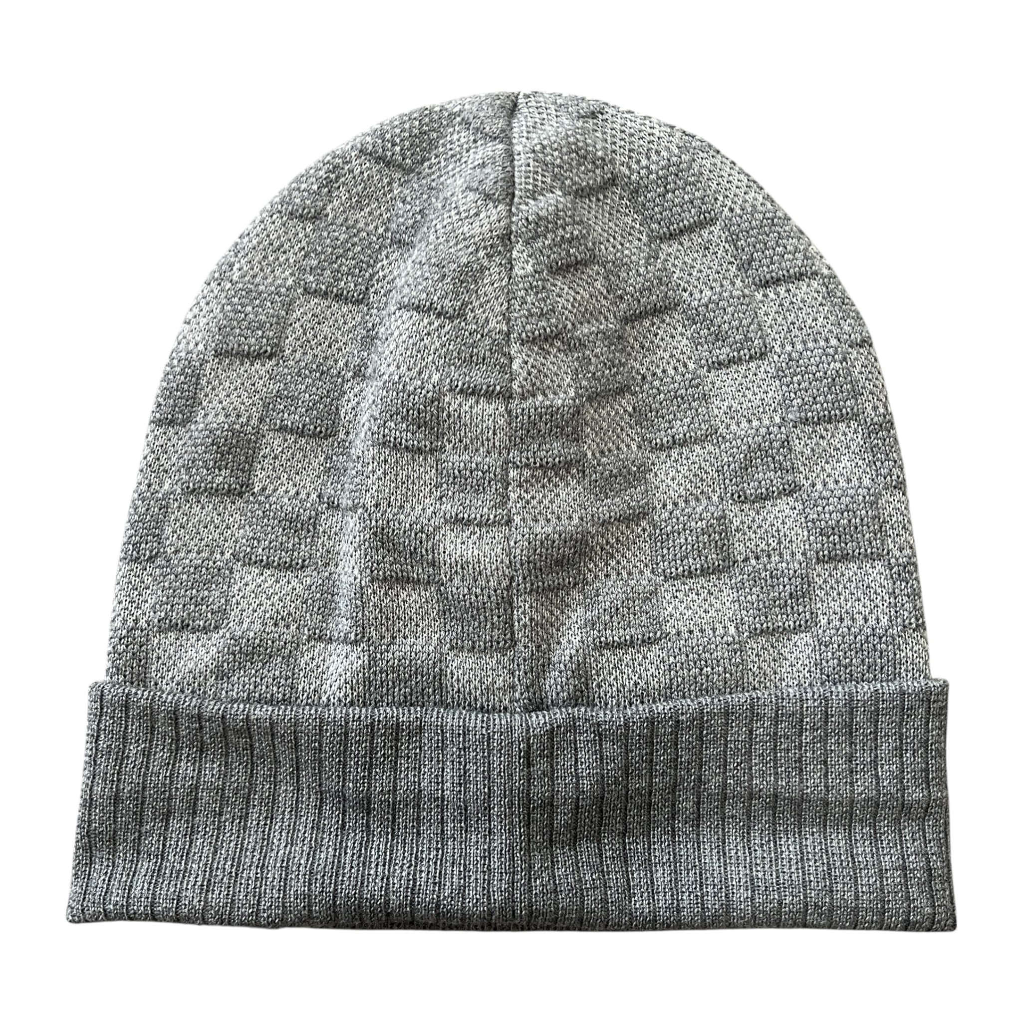 LOUIS VUITTON Neo Petit Damier Wool Beanie in Grey (Made in Italy, Calf-Leather Patch)
