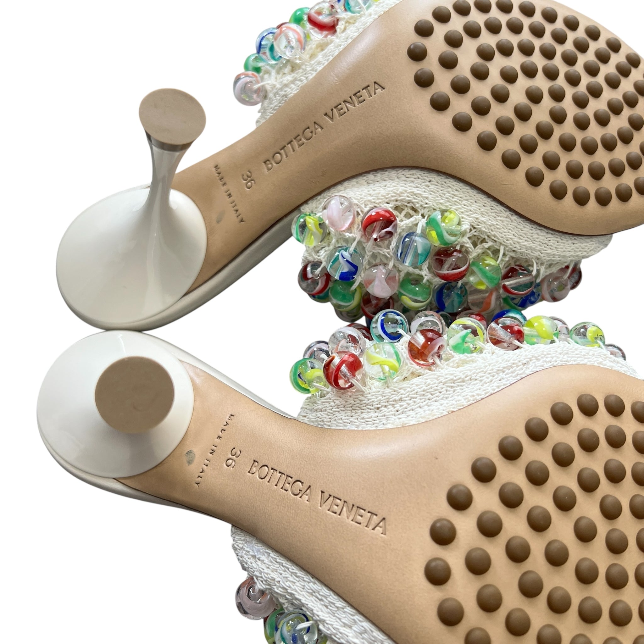 BOTTEGA VENETA “Marble Beads” Hand-Beaded Knit Mules (Ivory & Multicolor / Made in Italy / Box & Dust Bags)