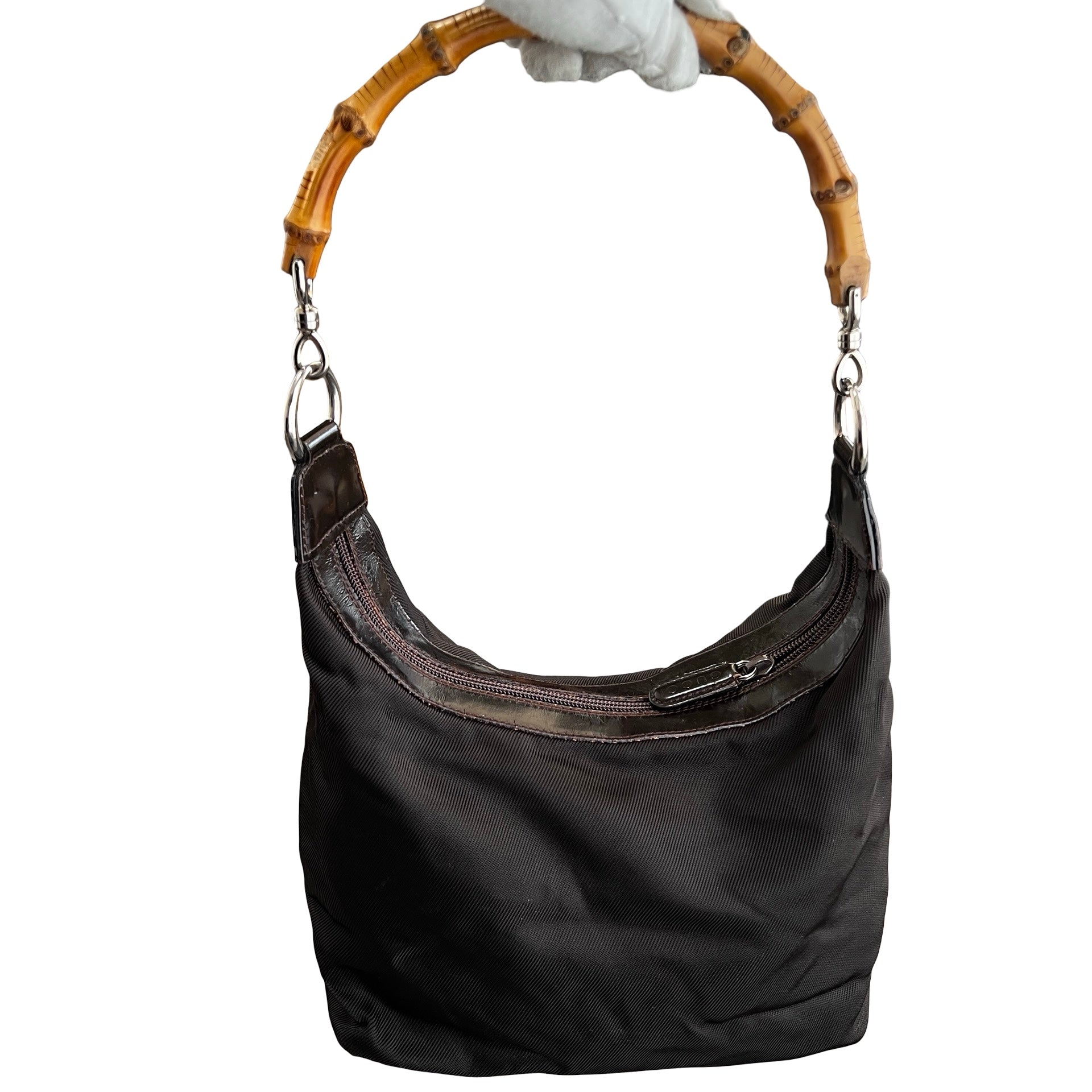 GUCCI バンブー ワンショルダーバッグ ナイロン ダークブラウン GUCCI Bamboo Nylon Leather One Shoulder Bag – SEVENSTARCLOTHING