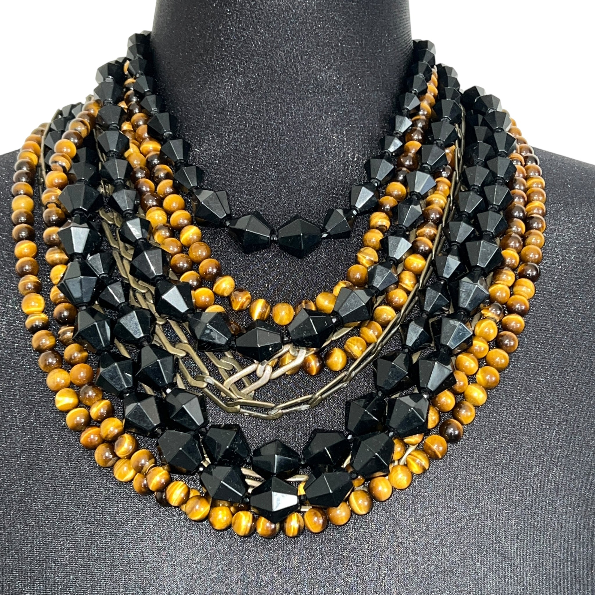 BOTTEGA VENETA 2000s Multi-Strand Tiger Eye & Obsidian Necklace
