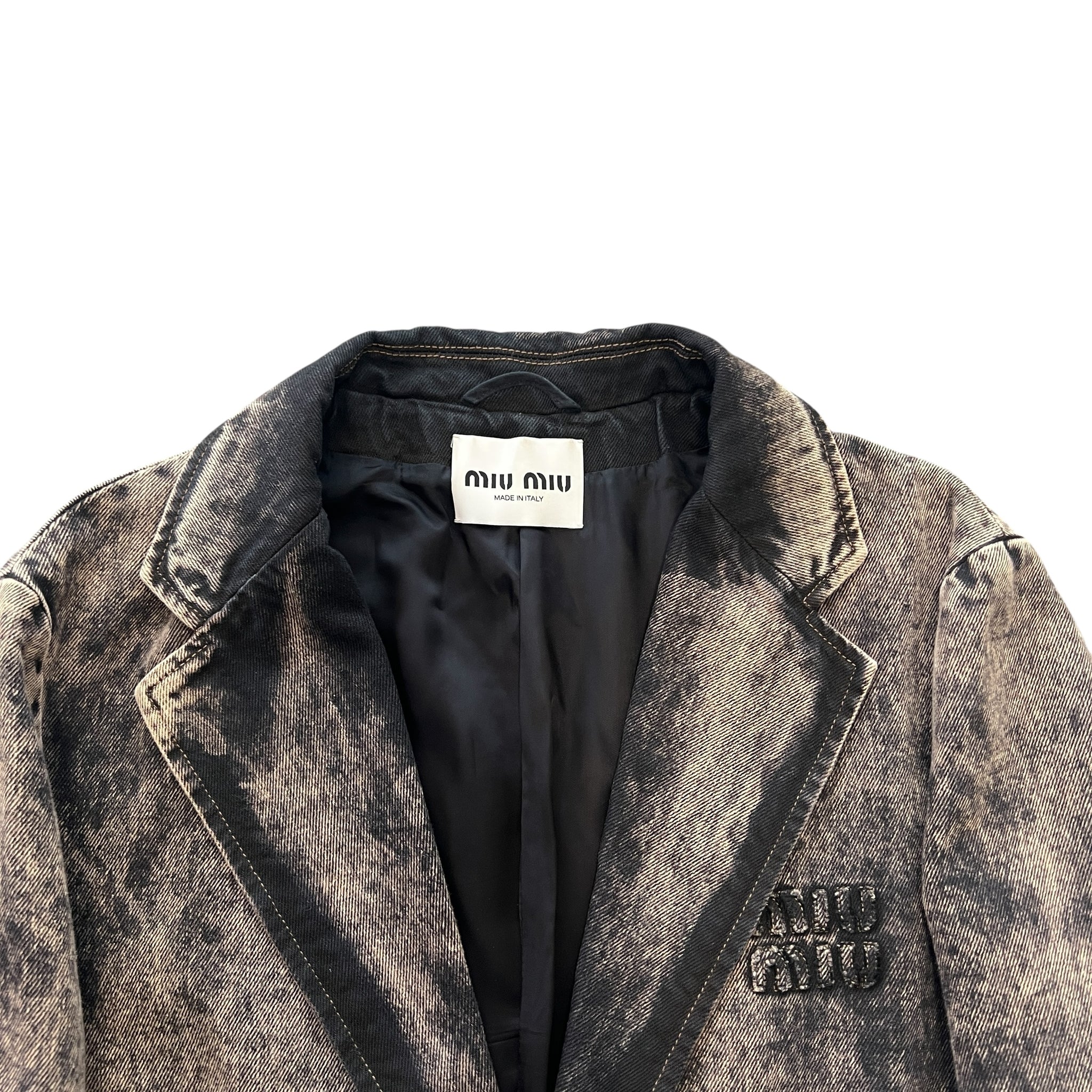 MIU MIU 2023SS Marbleized Garment‑dyed Gabardine Jacket and Stainless Steel Marbleized Back Logo Denim Pants