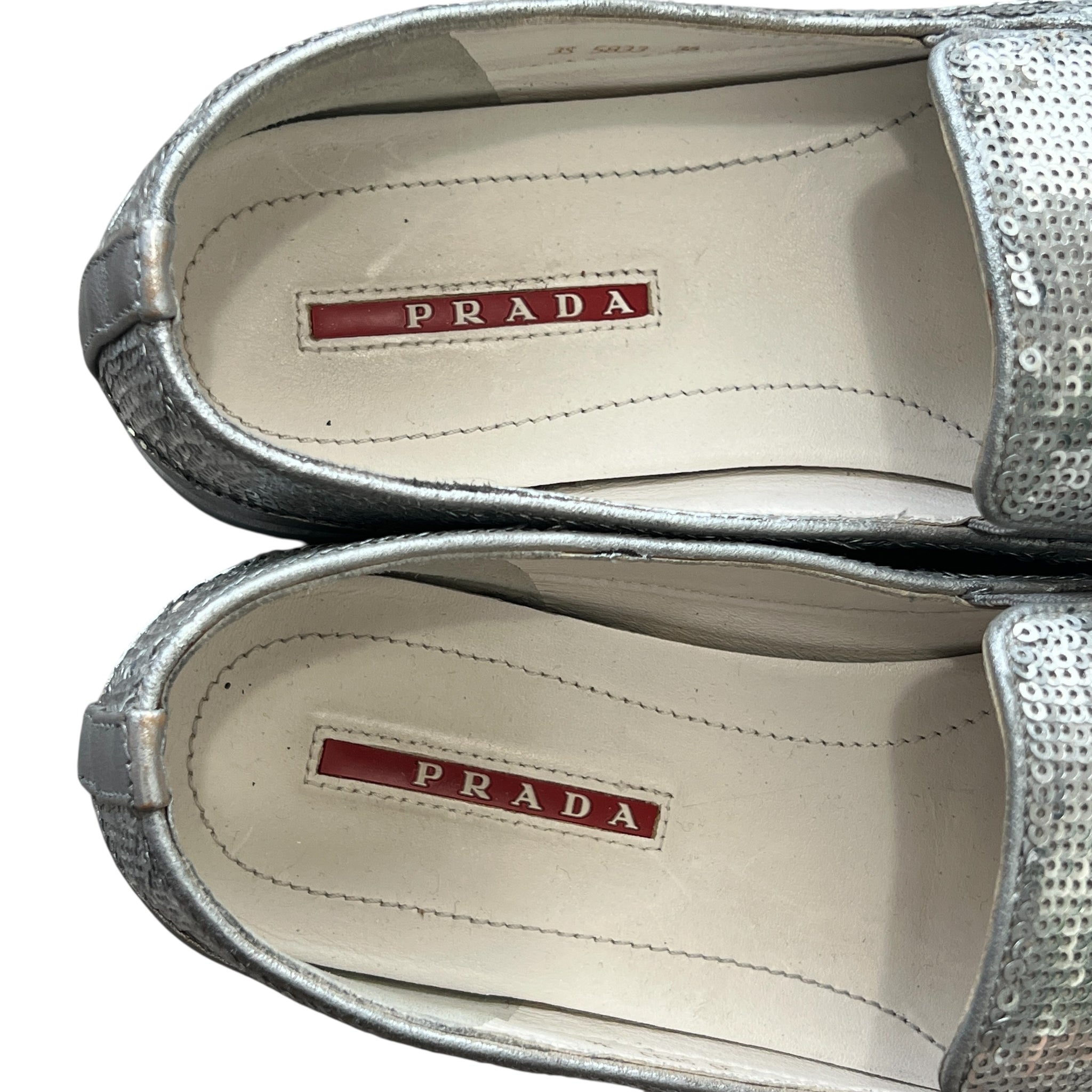 PRADA SPORT “PAILLETTES ALLUMINIO” Silver Sequin Slip-On Loafers (Linea Rossa)