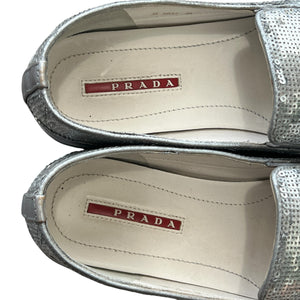 PRADA SPORT “PAILLETTES ALLUMINIO” Silver Sequin Slip-On Loafers (Linea Rossa)