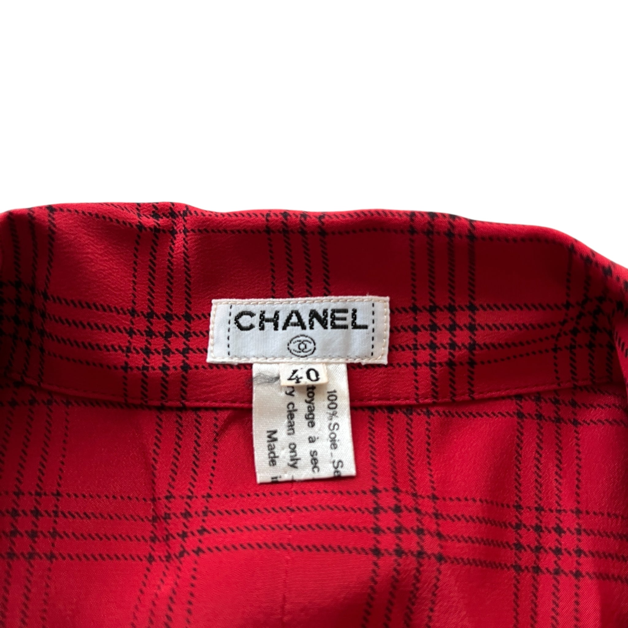 CHANEL 90's Tartan-Check Silk Shirt Double-Breasted With gold chanel logo button