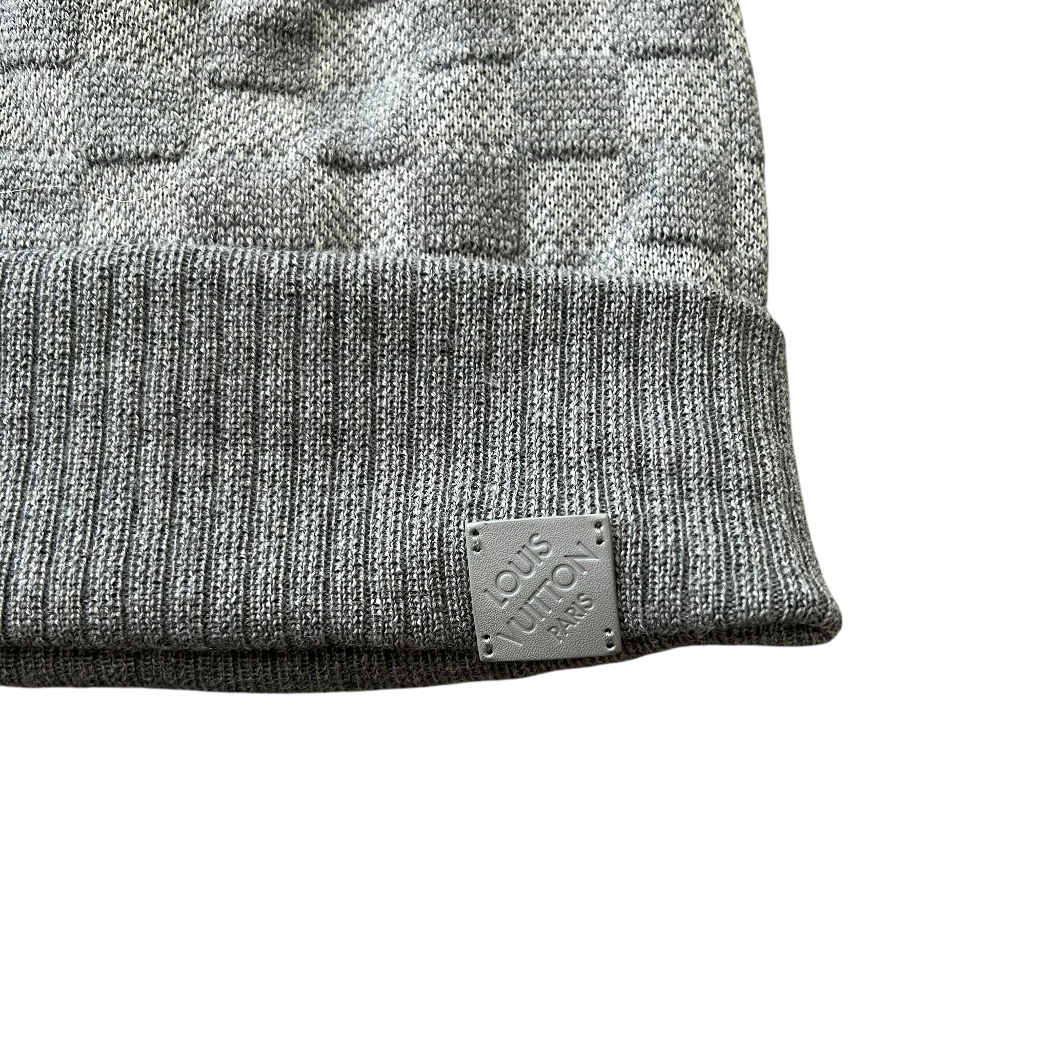 LOUIS VUITTON Neo Petit Damier Wool Beanie in Grey (Made in Italy, Calf-Leather Patch)