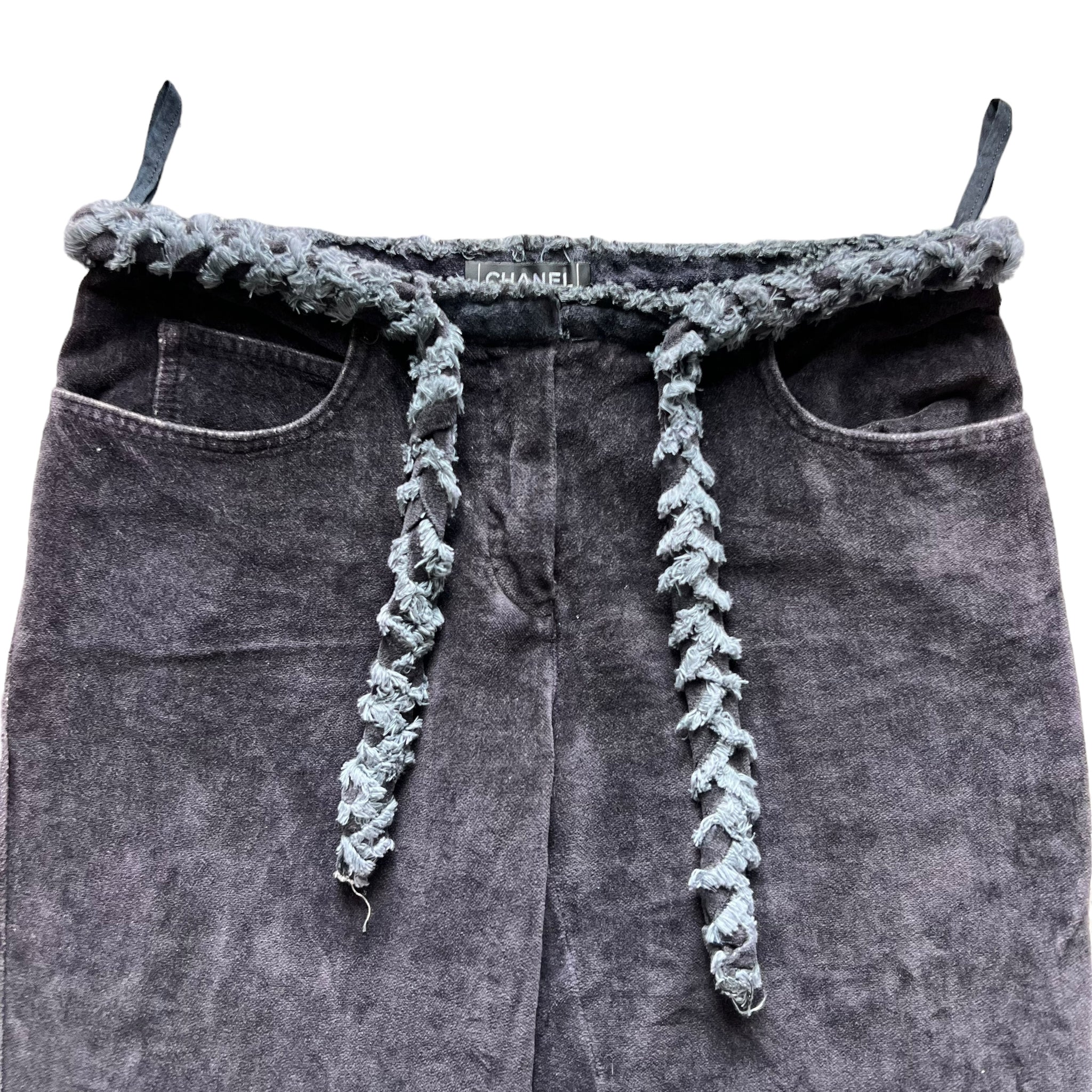 CHANEL COCO MARK VELOR TWEED BELT PANTS