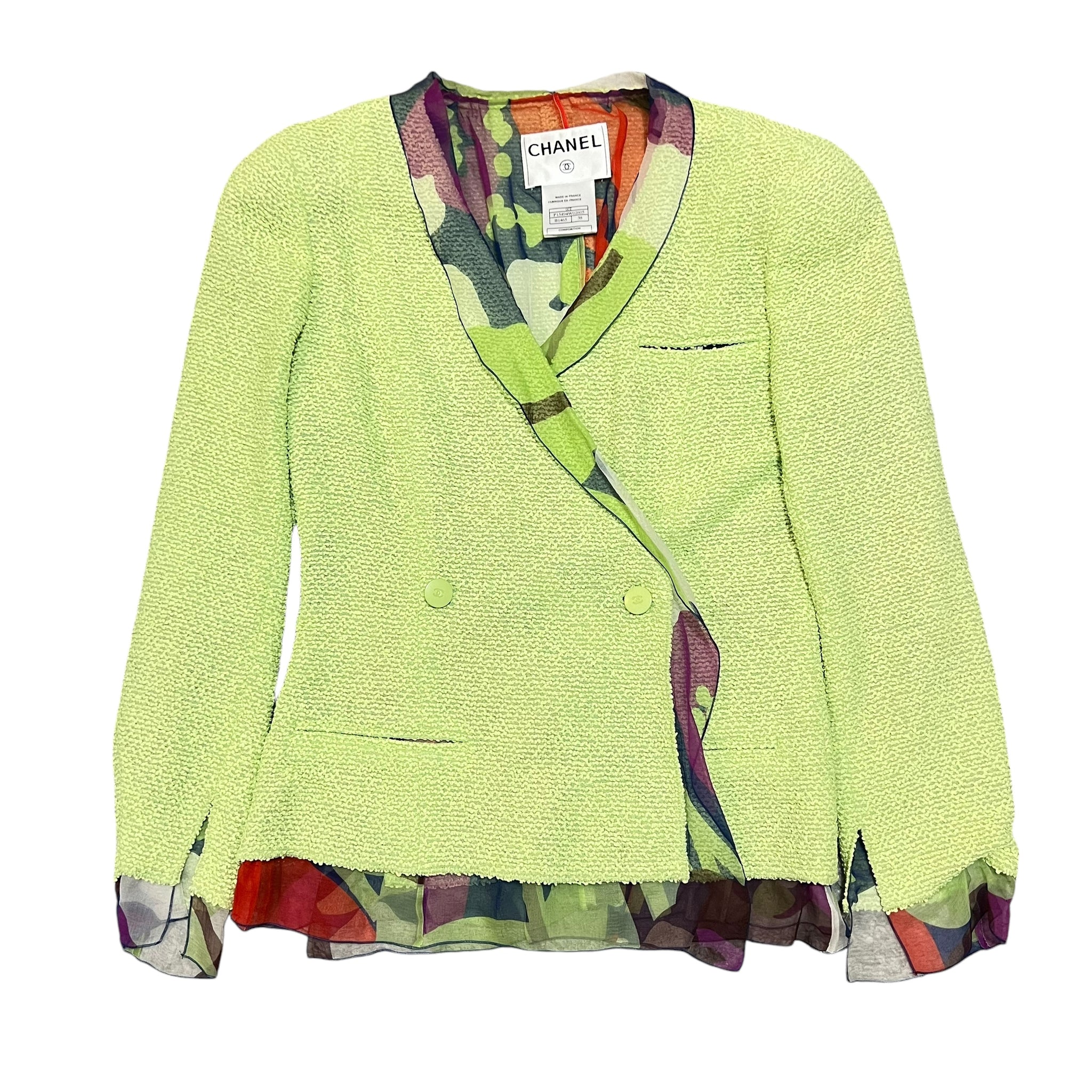 CHANEL 2000s 3pieces set Tweed Green double-buttoned skirt-surit jacket, Chanel printed skirt, and pinted top