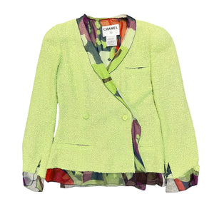 CHANEL 2000s 3pieces set Tweed Green double-buttoned skirt-surit jacket, Chanel printed skirt, and pinted top