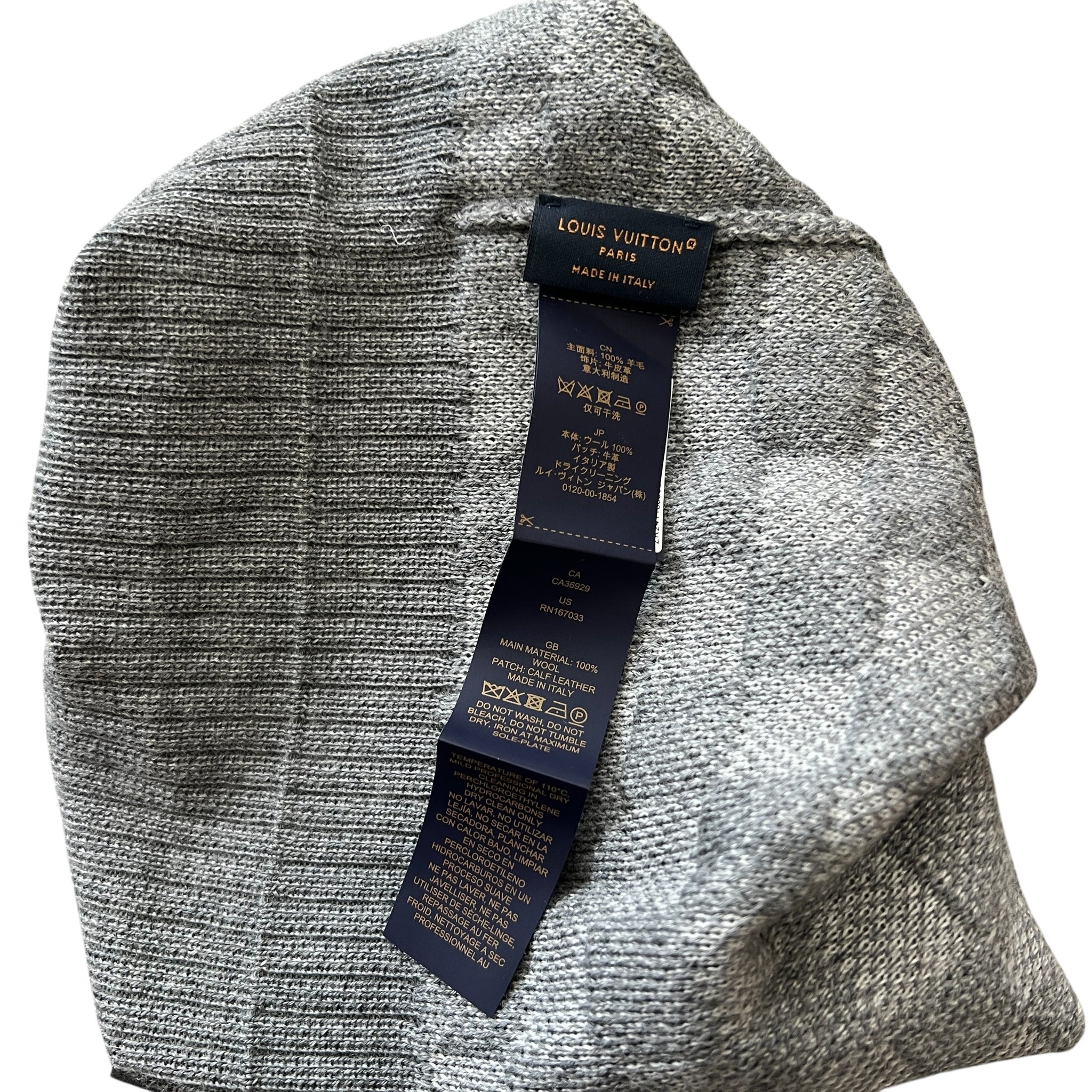 LOUIS VUITTON Neo Petit Damier Wool Beanie in Grey (Made in Italy, Calf-Leather Patch)
