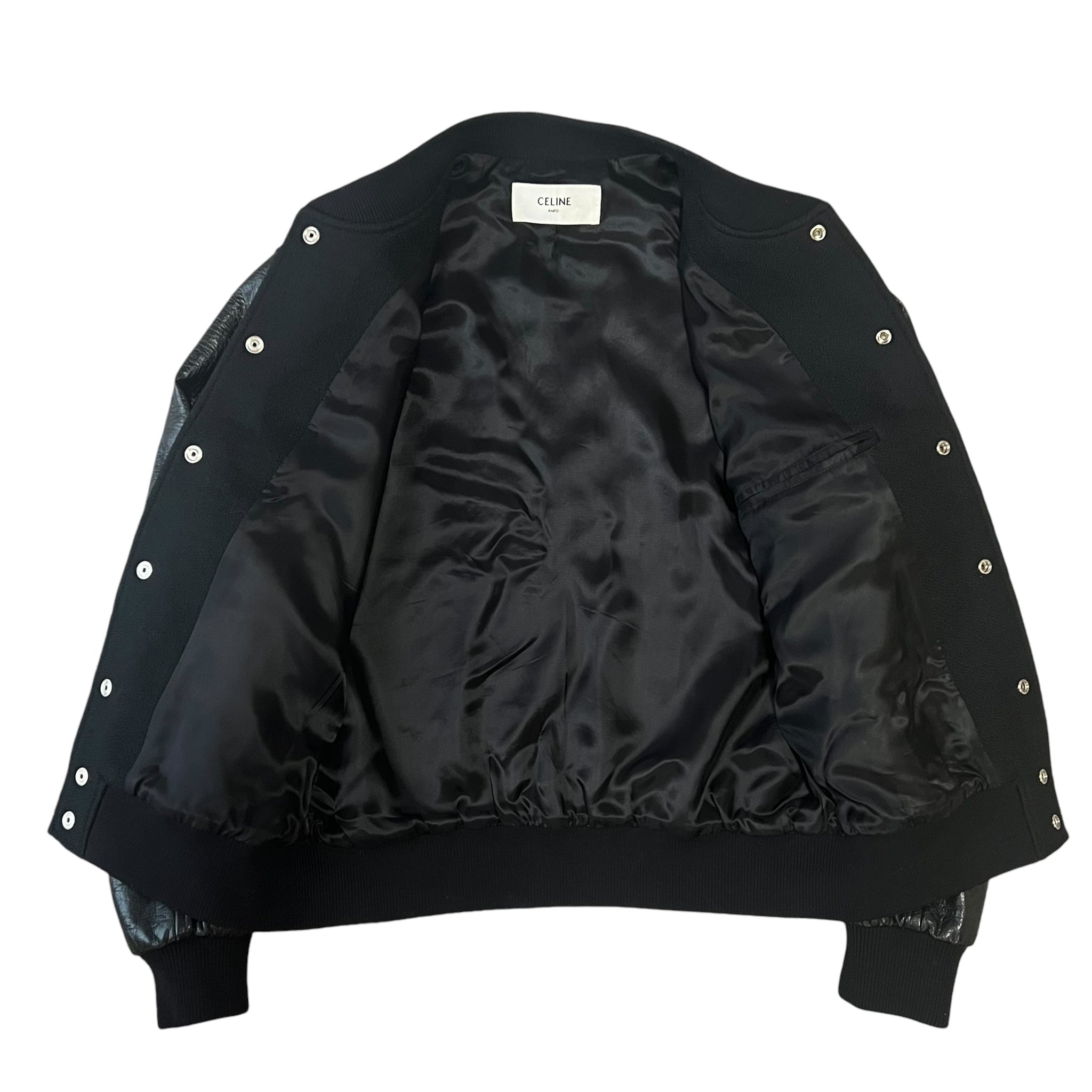 CELINE × HEDI SLIMANE 2021AW TEDDY BLACK LEATHER SLEEVE MELTON BODY VARSITY JACKET