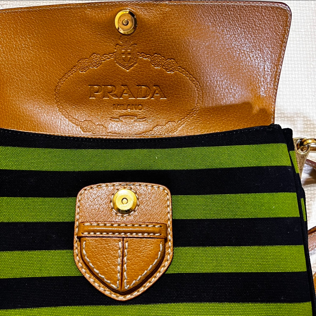 PRADA STRIPED CANVAS AND LEATHER CROSSBODY PURSE HANDBAG MULTIPLE COLOR
