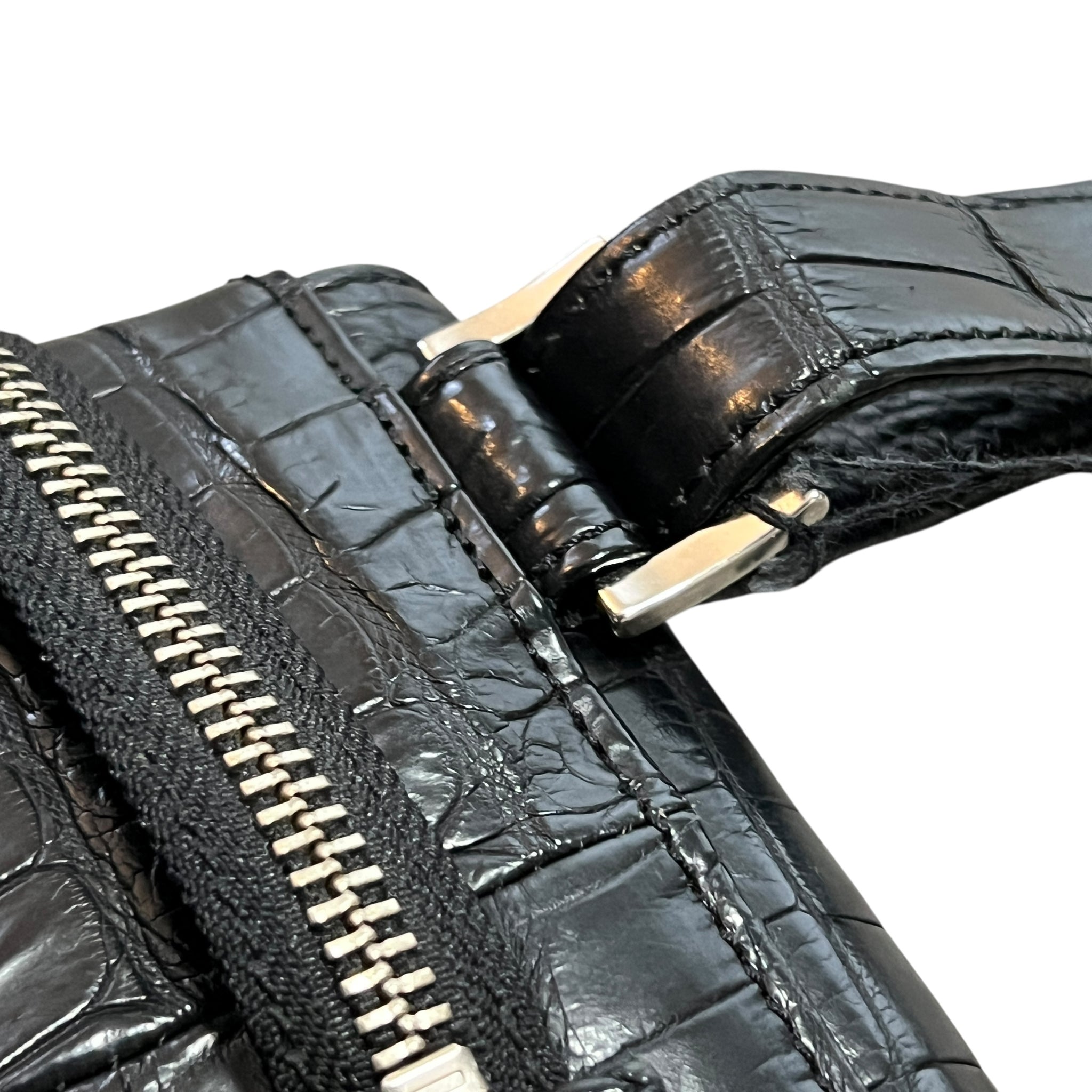 Real Crocodile Leather Asymmetric Zip Design Shoulder Bag