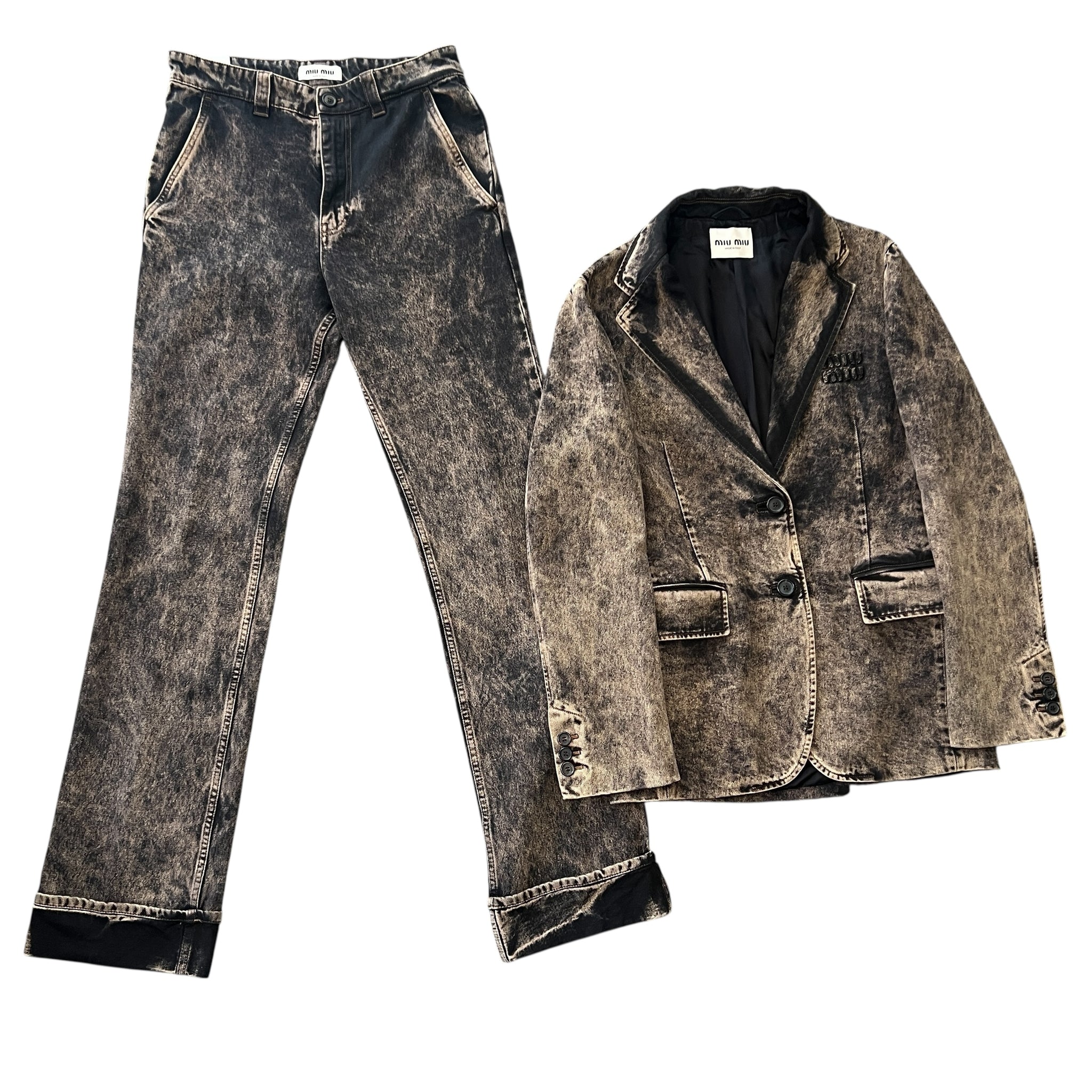 MIU MIU 2023SS Marbleized Garment‑dyed Gabardine Jacket and Stainless Steel Marbleized Back Logo Denim Pants