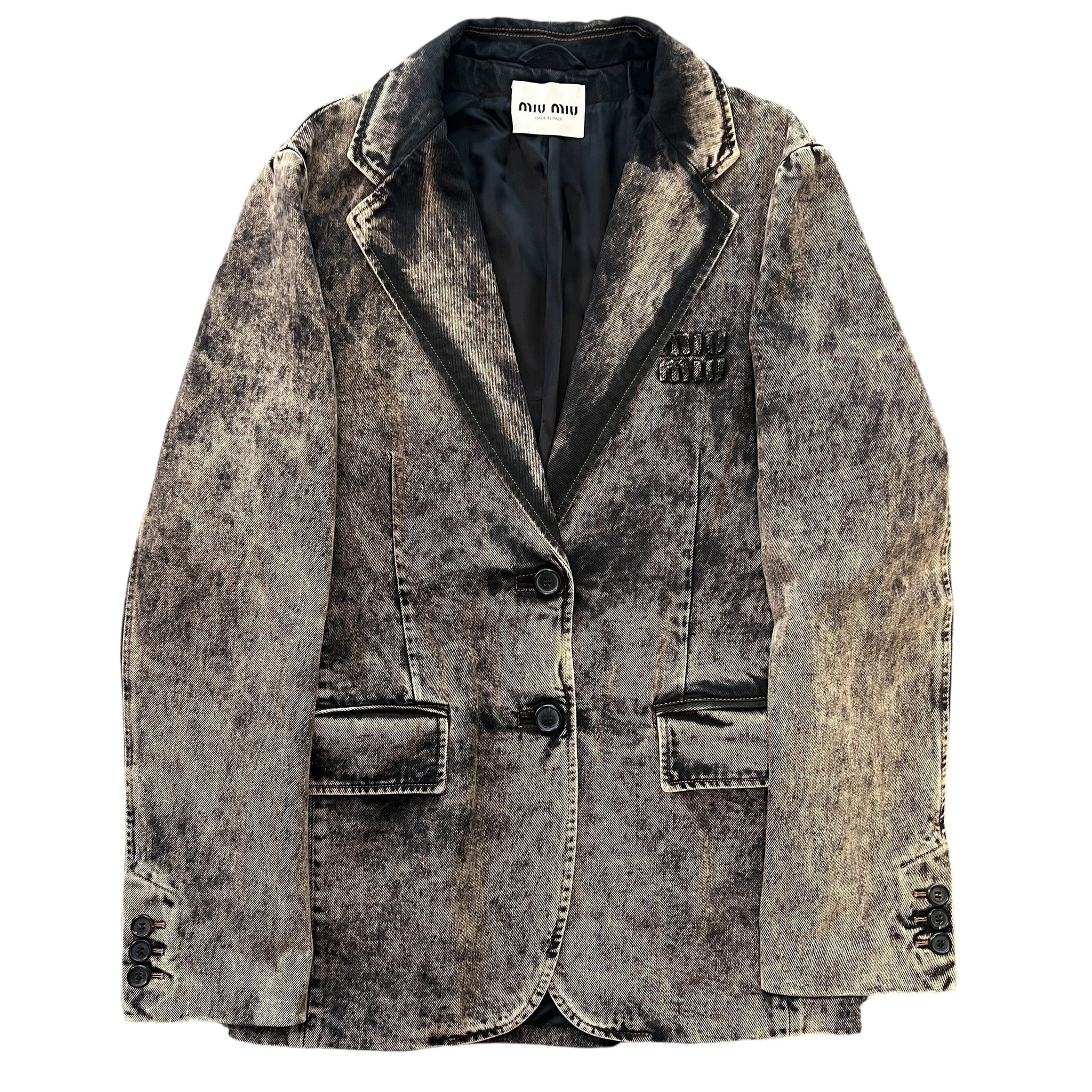 MIU MIU 2023SS Marbleized Garment‑dyed Gabardine Jacket and Stainless Steel Marbleized Back Logo Denim Pants