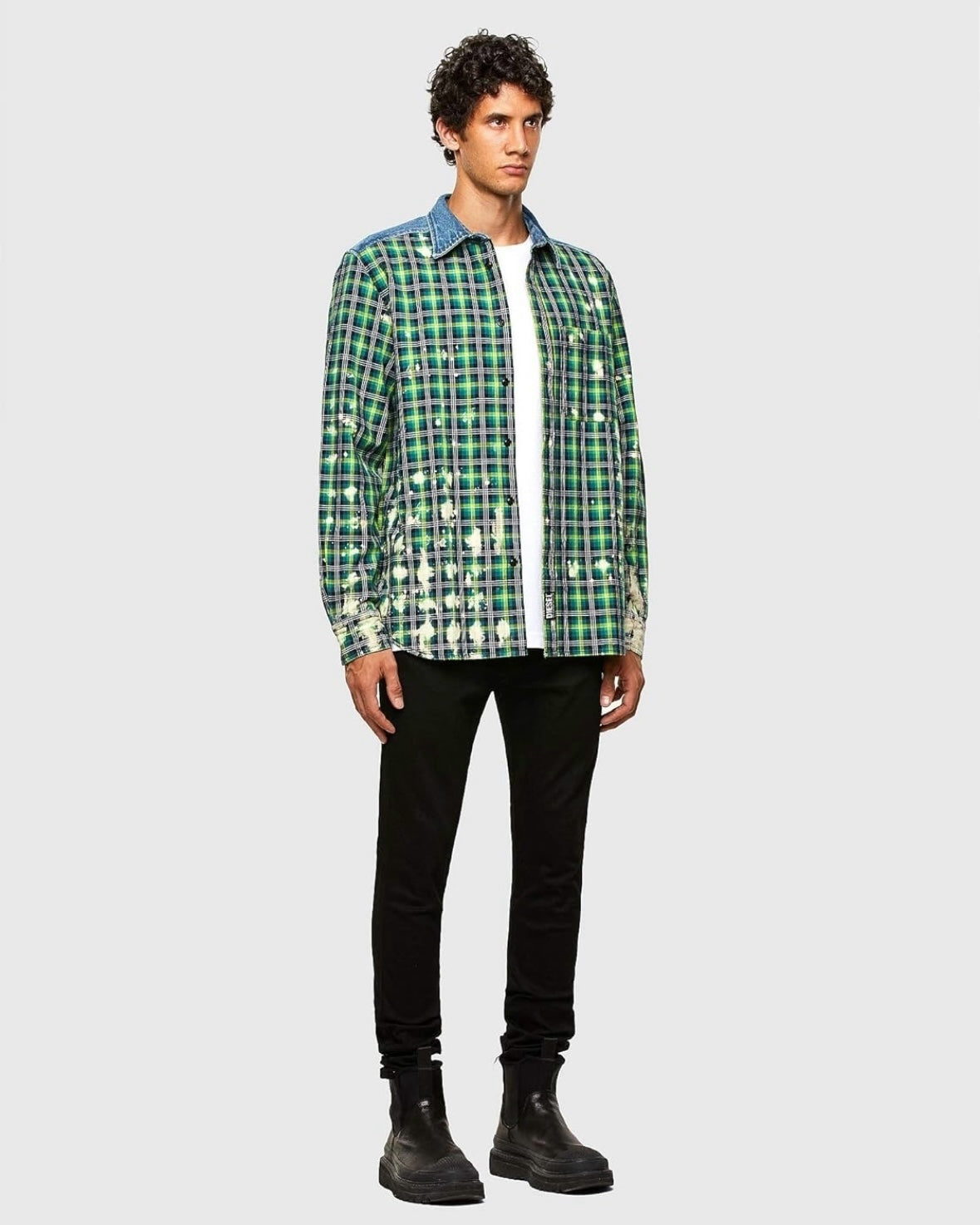 DIESEL Men's S-MOON-CHECK Embroidery & Treated Combination Shirt