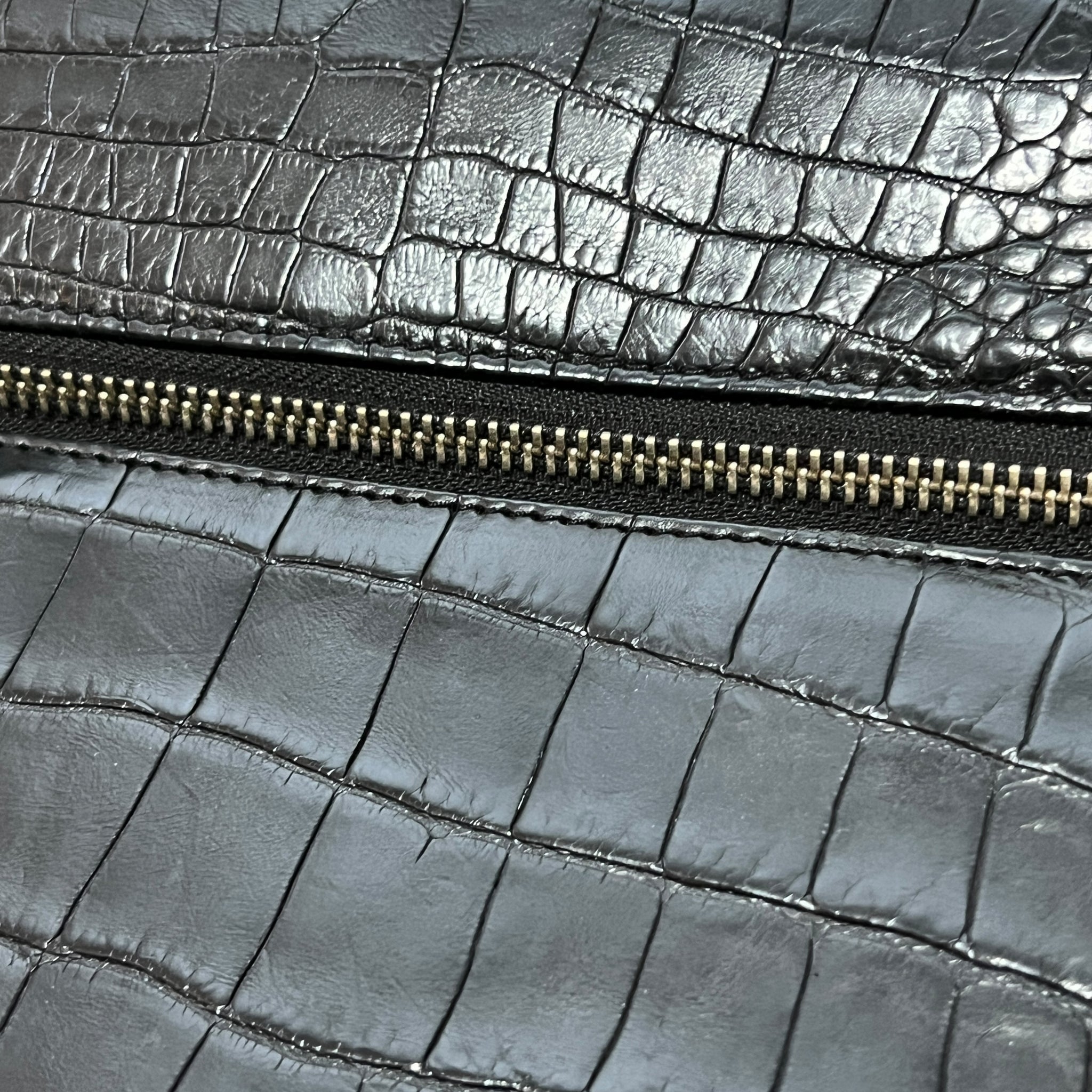 Real Crocodile Leather Asymmetric Zip Design Shoulder Bag