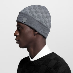 LOUIS VUITTON Neo Petit Damier Wool Beanie in Grey (Made in Italy, Calf-Leather Patch)