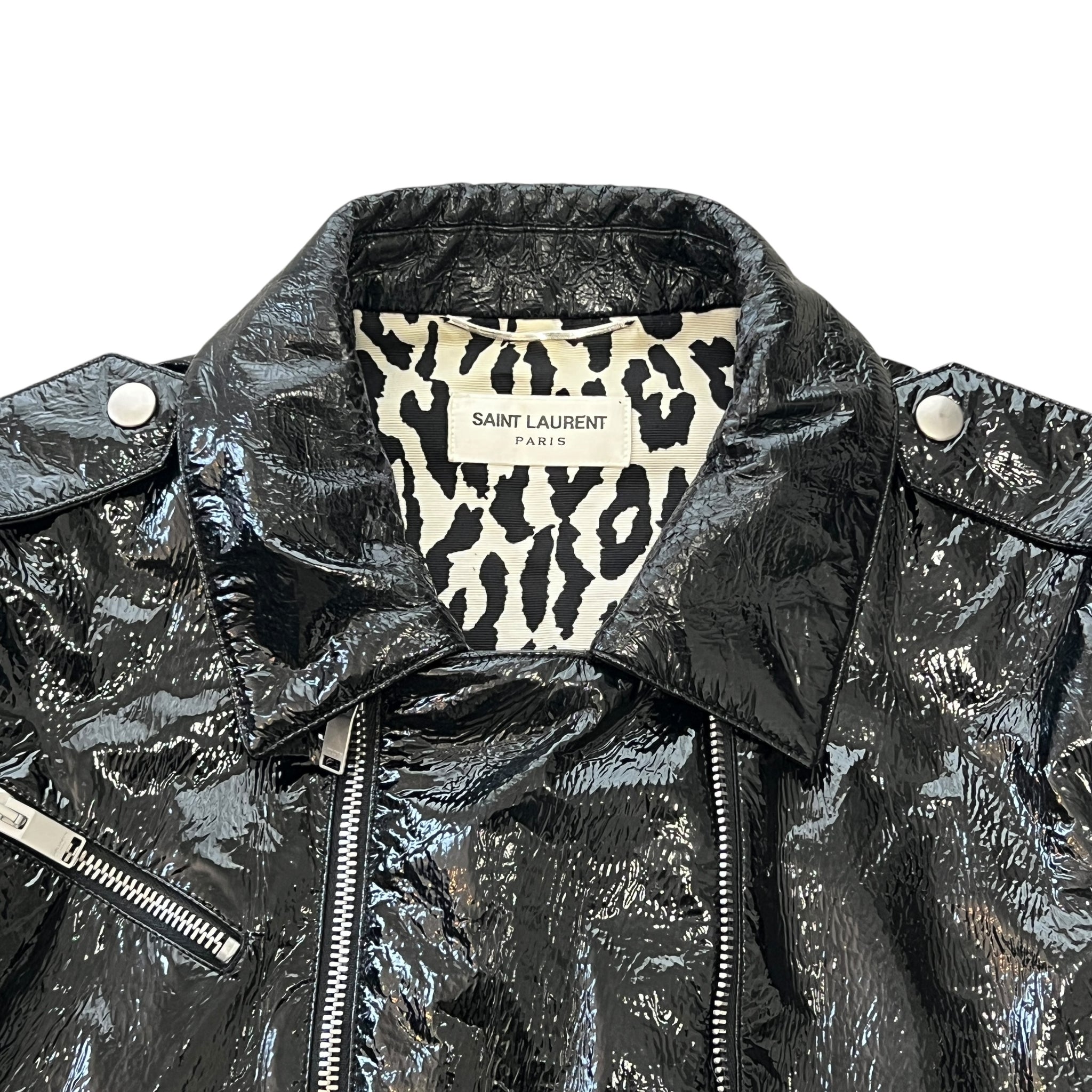 SAINT LAURENT HEDI SLIMANE 2015AW Leopard Patents Leather 2way Docking Double Riders Jacket