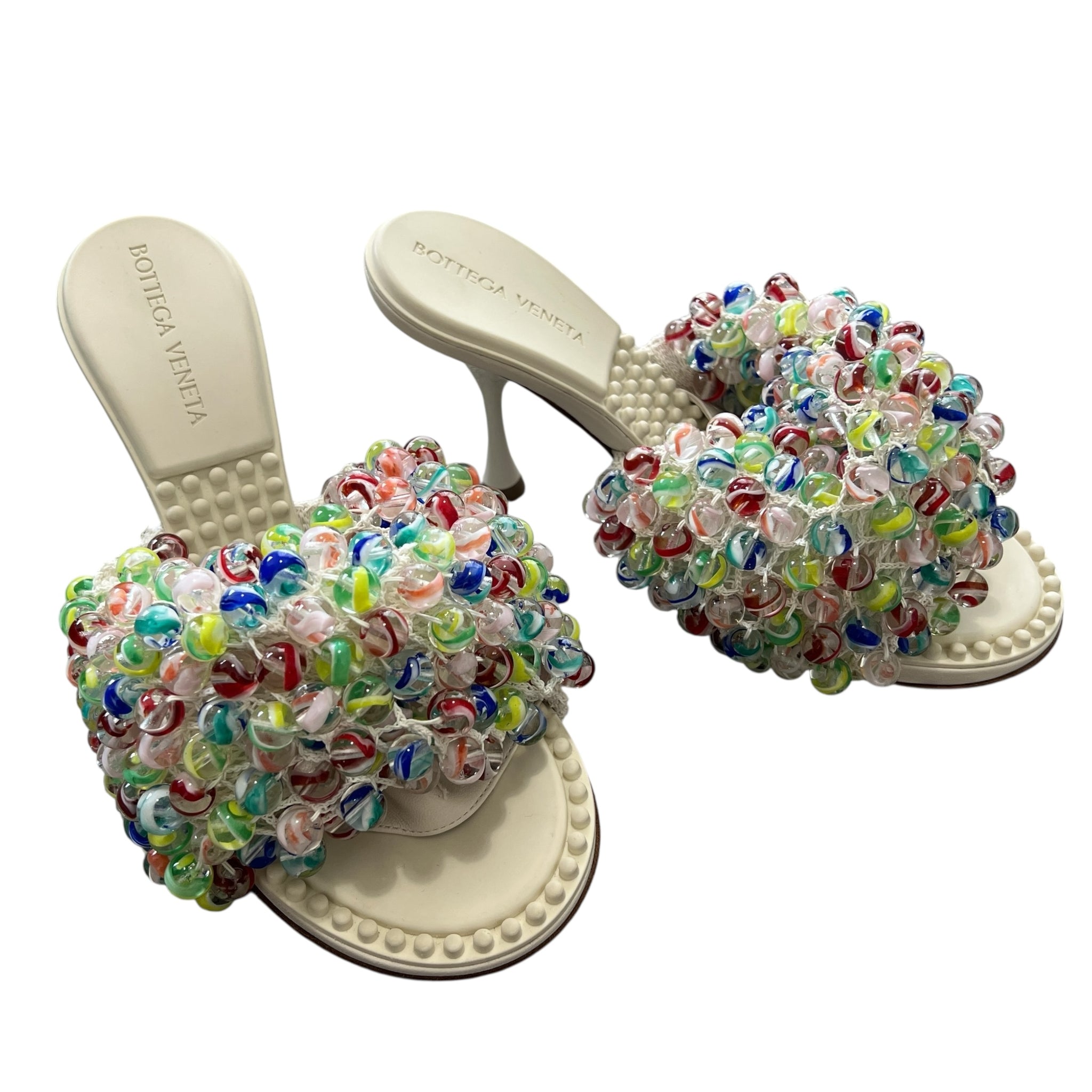 BOTTEGA VENETA “Marble Beads” Hand-Beaded Knit Mules (Ivory & Multicolor / Made in Italy / Box & Dust Bags)