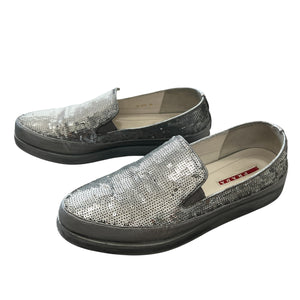 PRADA SPORT “PAILLETTES ALLUMINIO” Silver Sequin Slip-On Loafers (Linea Rossa)