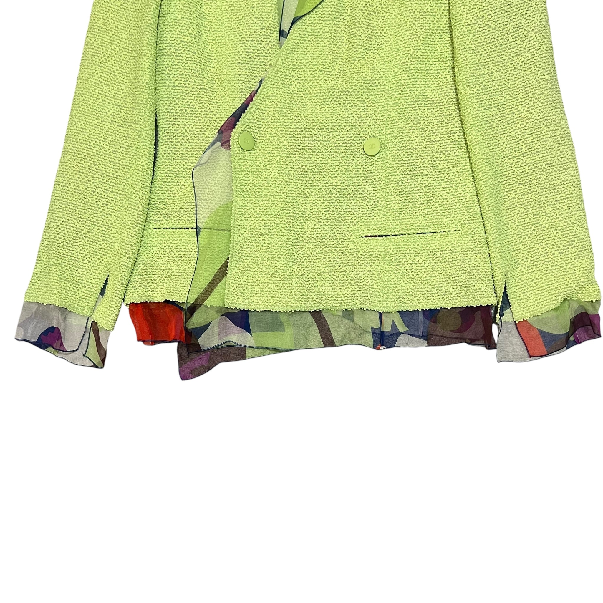 CHANEL 2000s 3pieces set Tweed Green double-buttoned skirt-surit jacket, Chanel printed skirt, and pinted top