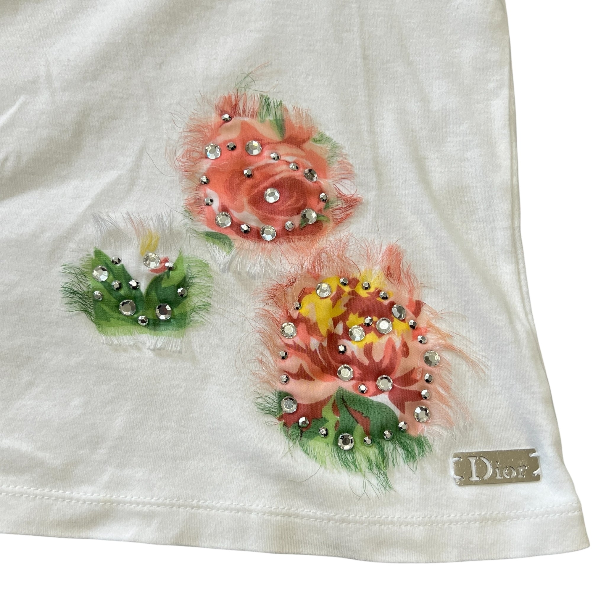 Christian Dior × John Galliano 2005SS Floral Embellished Rhinestone T-Shirt White