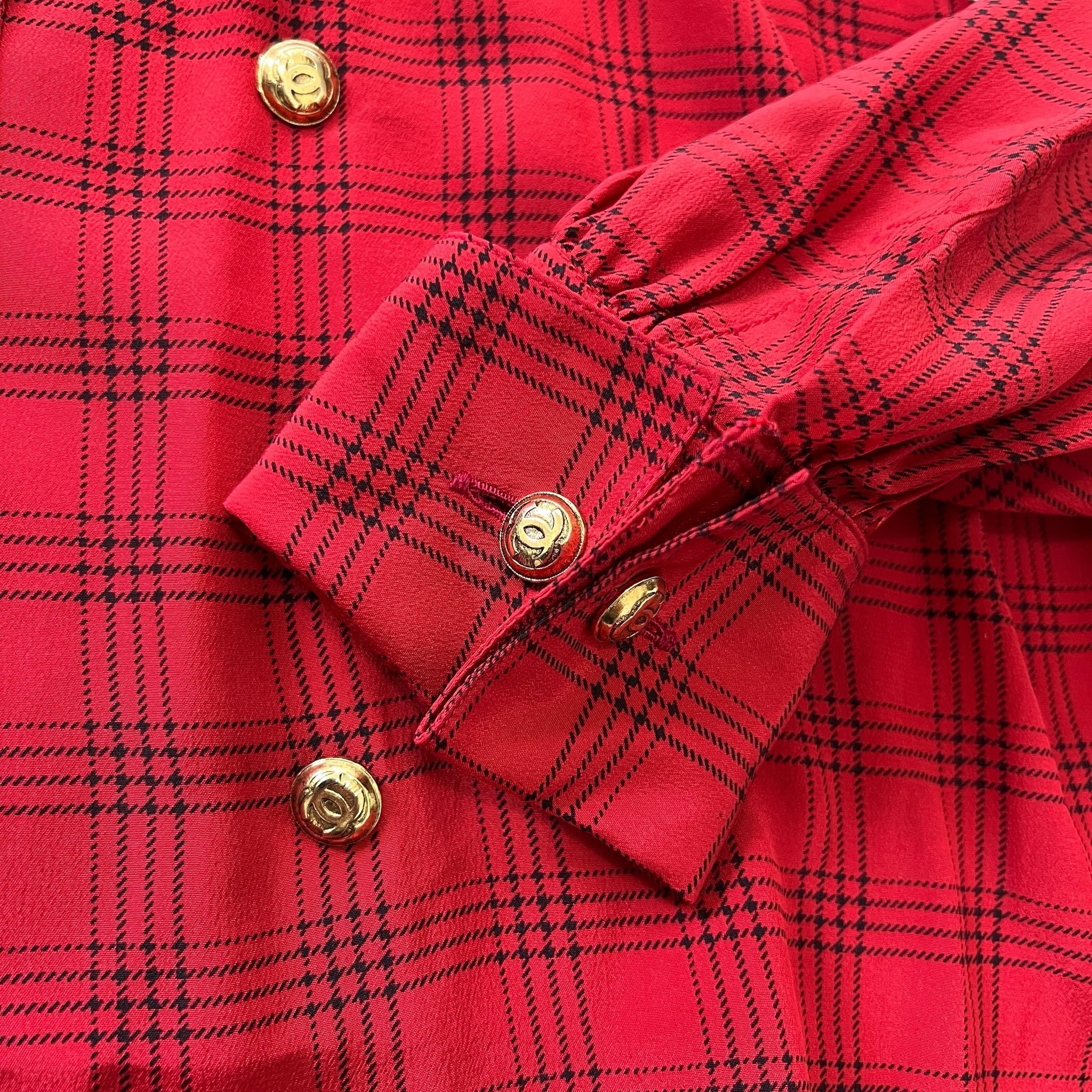 CHANEL 90's Tartan-Check Silk Shirt Double-Breasted With gold chanel logo button