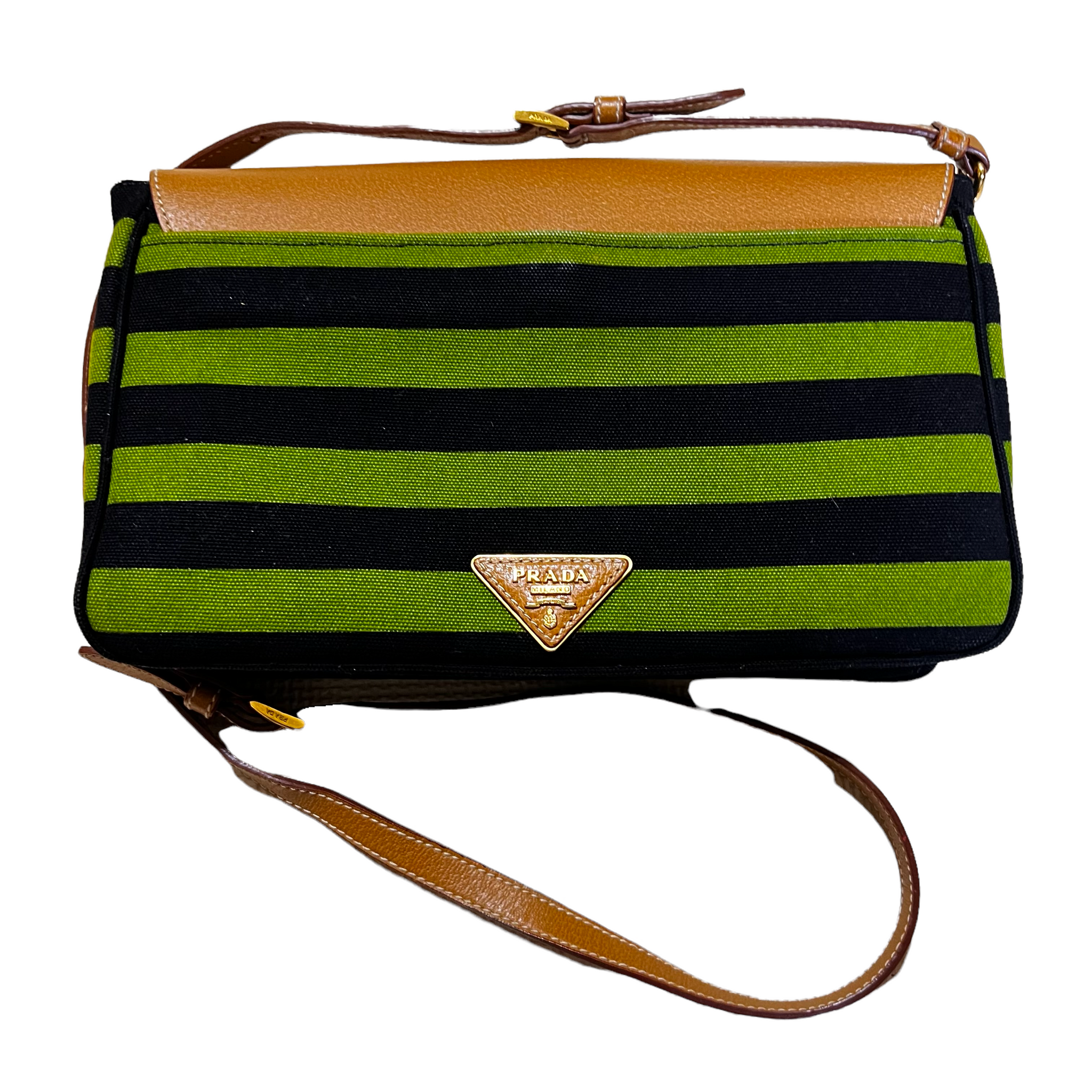 PRADA STRIPED CANVAS AND LEATHER CROSSBODY PURSE HANDBAG MULTIPLE COLOR