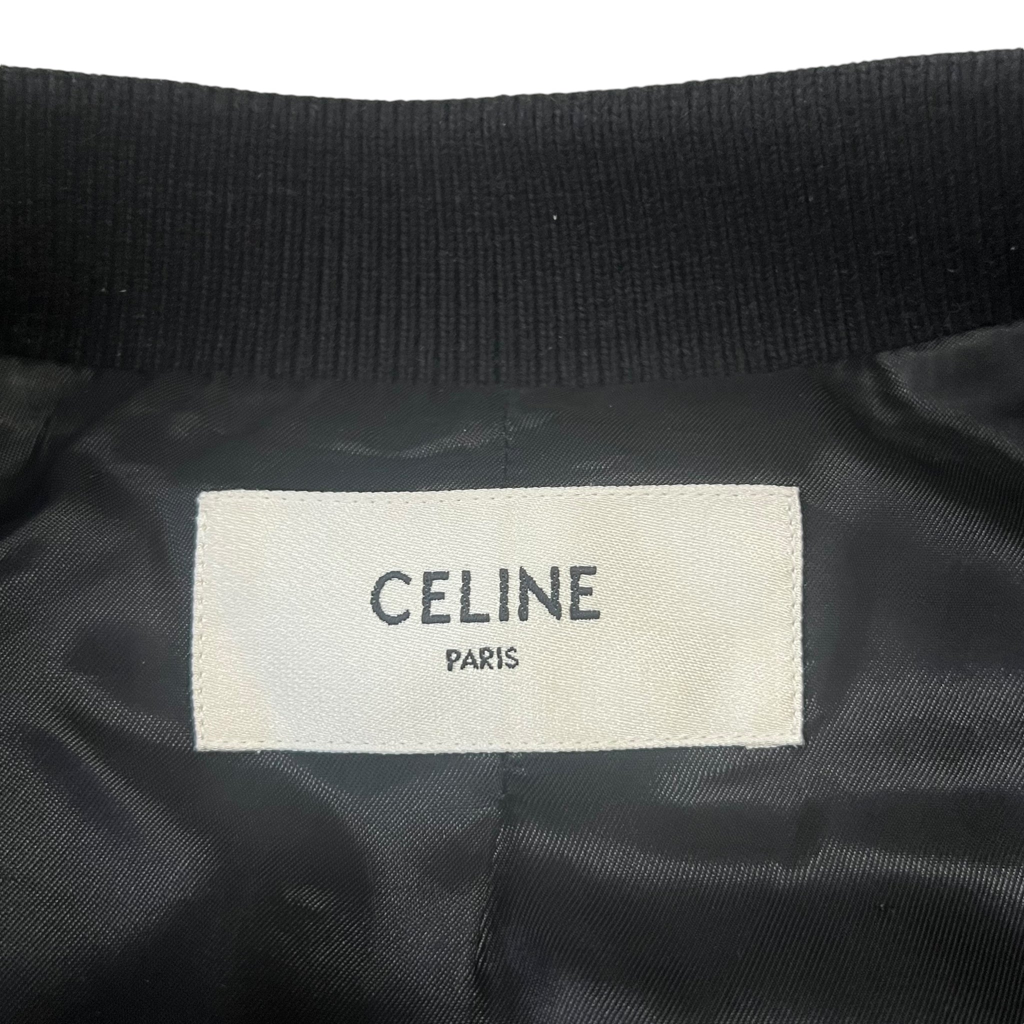 CELINE × HEDI SLIMANE 2021AW TEDDY BLACK LEATHER SLEEVE MELTON BODY VARSITY JACKET