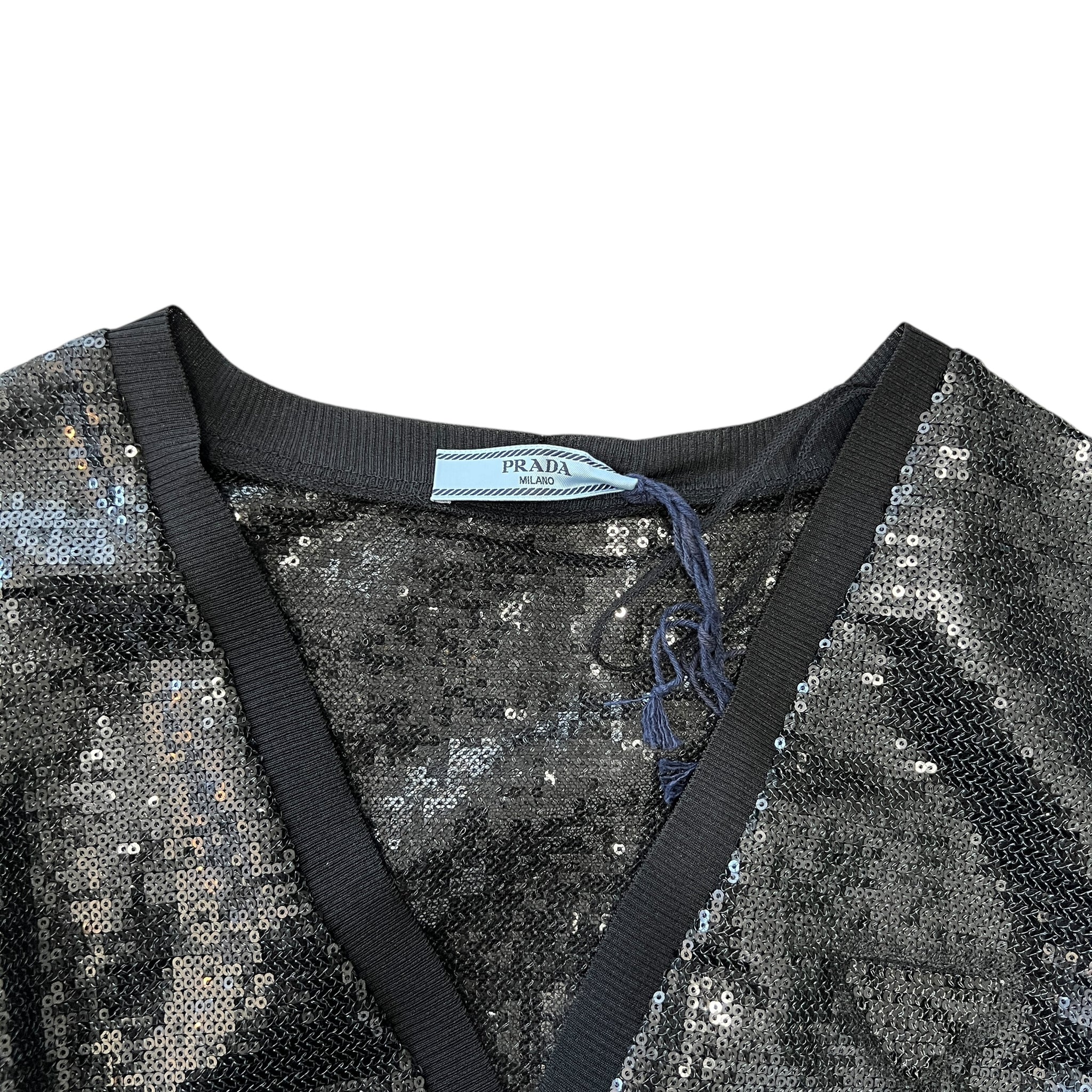 PRADA 2022SS RAF SIMONS Black Sequin Embellished Button-Front Cropped Top cardigan