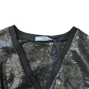 PRADA 2022SS RAF SIMONS Black Sequin Embellished Button-Front Cropped Top cardigan